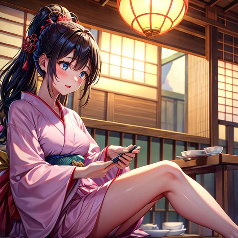 A woman in a yukata eating zenzai at a Japanese-style cafe Tight clothing highest quality