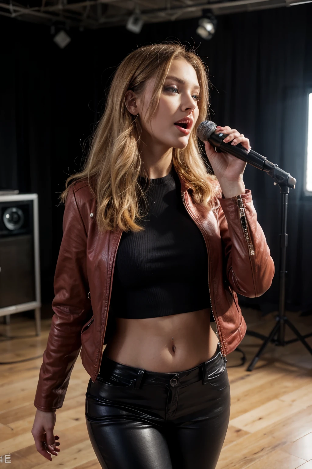 Blonde woman, blue eyes, singing with a microphone, cantando, red leather jacket, black pants, perfect body, ultra-realistic HD, 8K render, realistic, cinematic, photorealistic, Unreal Engine 5, bright sunny day, full screen.