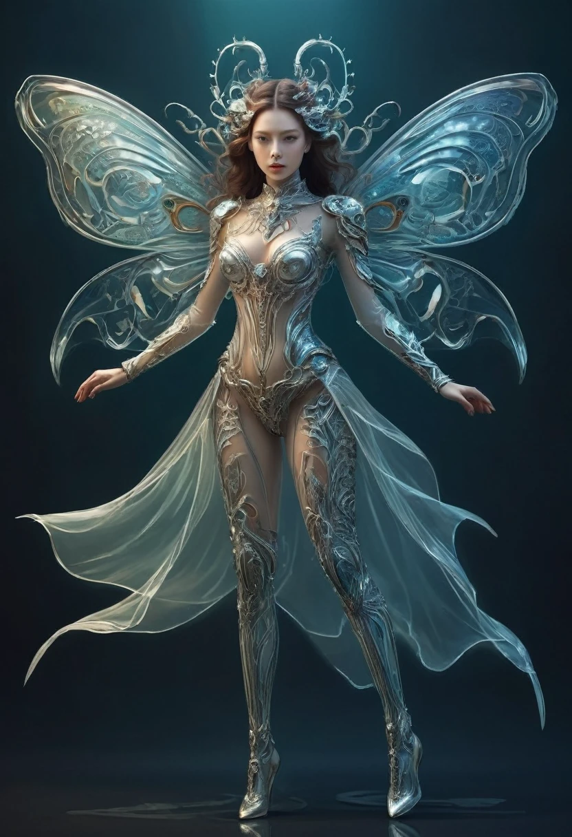 bioMechanical style Ultra detailed illustrations, Phantom Magical Creatures, (Translucent skin: 1.5), (with translucent body: 1.5) Ms. Schiff's Art, Neon, Light Particles, color, cmyk color, Backlight, Cyberpunk, close up, Mechanical, (whole body: 1.9), Dark background, View from top to bottom. blend of organic and Mechanical elements, Futurism, Cybernetic, detailed, complicated,Selective focusing, Miniature effect, Blurred background, highly detailed, Full of energy, View control,(Rich color:1.6),Crab