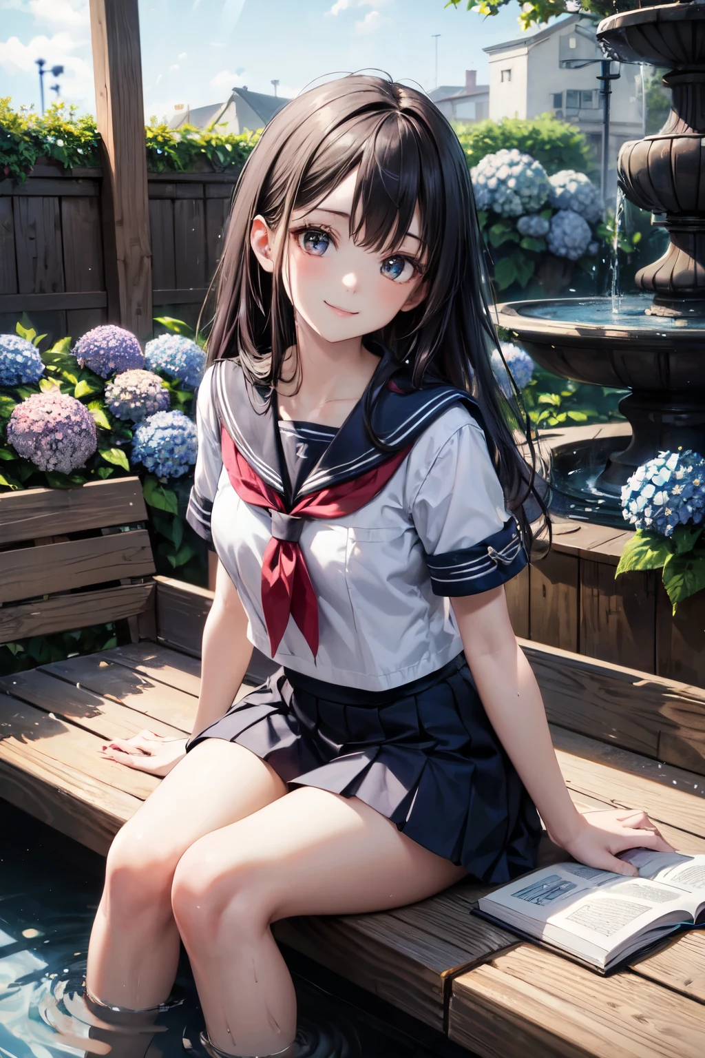 very cute and beautiful girl reading book,teen,(highly detailed beautiful face),
(smile),black hair,serafuku,pleated navy blue mini skirt,
sitting on wooden bench,dynamic angle,looking at viewer,
water fountain in garden,hydrangea,
(best quality,masterpiece),absurdres,highres,ultra-detailed,extremely detailed,32k,8k resolution,
intricate details,cinematic scene,detailed background,solo,dynamic angle,