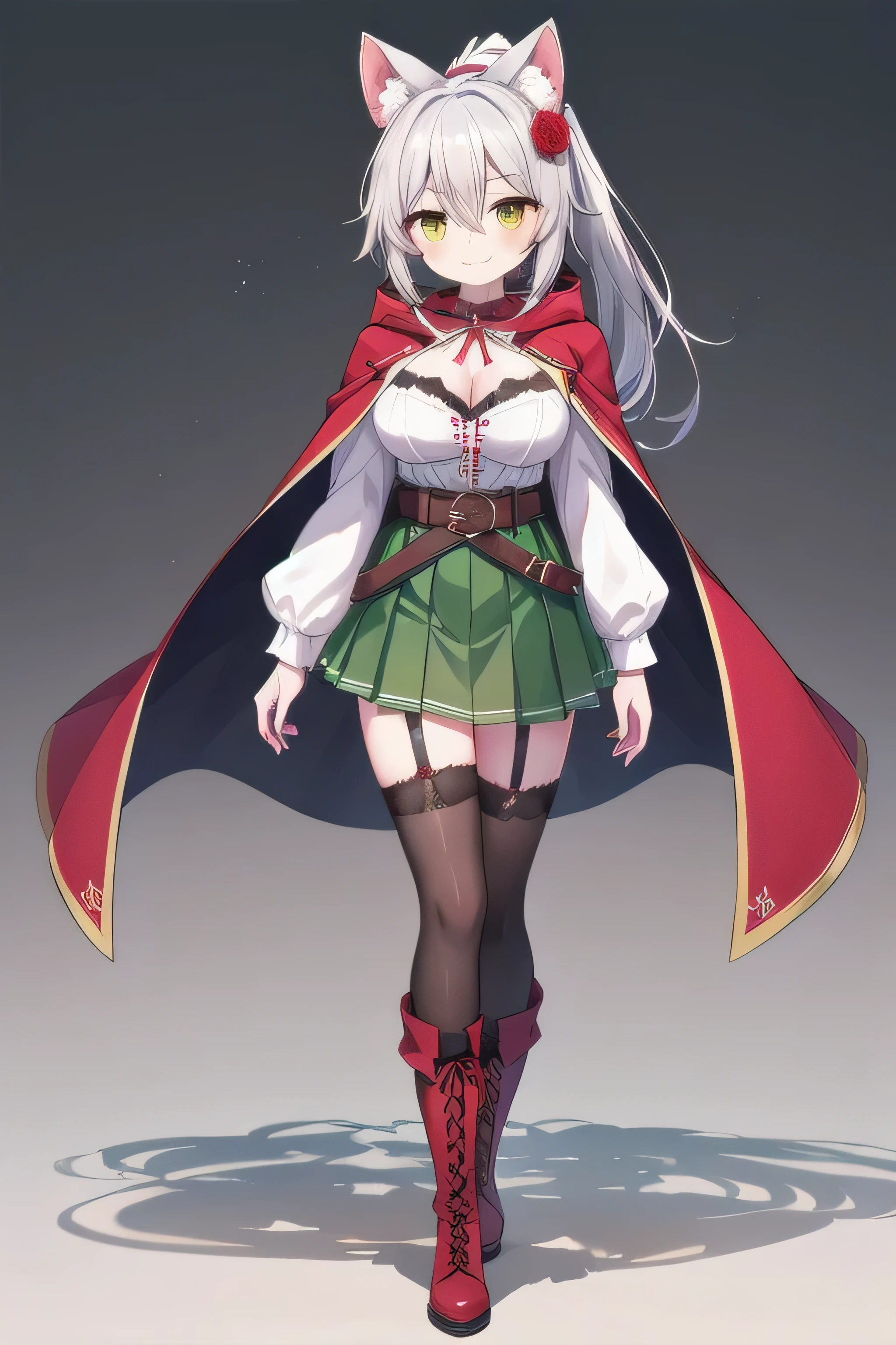 masterpiece, top quality, super detailed, CG illustration, high resolution, better lighting, best shadows, very delicate and beautiful, proper shading, hd, 8k,1girl, solo, long hair, breasts, looking at viewer, smile, bangs, skirt, large breasts, shirt, hair ornament, thighhighs, long sleeves, bow, animal ears, cleavage, hair between eyes, medium breasts, closed mouth, standing, full body, yellow eyes, white shirt, ponytail, flower, grey hair, pleated skirt, boots, puffy sleeves, belt, hair flower, hood, cape, red bow, white thighhighs, red ribbon, animal ear fluff, gradient, gradient background, rose, garter straps, brown footwear, red flower, green skirt, cloak, buckle, cross-laced footwear, puffy long sleeves, red rose, belt buckle, red cape, lace-up boots, brown belt, thighhighs under boots, hooded cape, red cloak