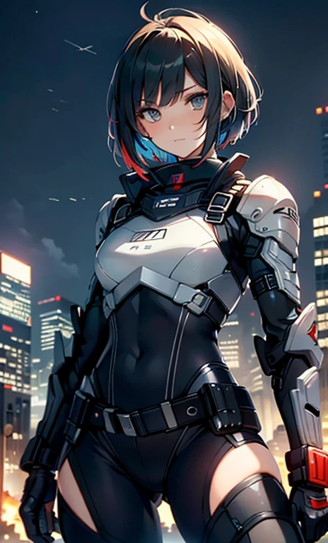 best qualityer,tmasterpiece,Ultimate resolution,downy,Extremely colorful,Colorful,Women combatants,a matural female,Black super short hair,holding gun,Tight combat suit,tightsuit,Steel City background,the night,Normal posture,Normal posture