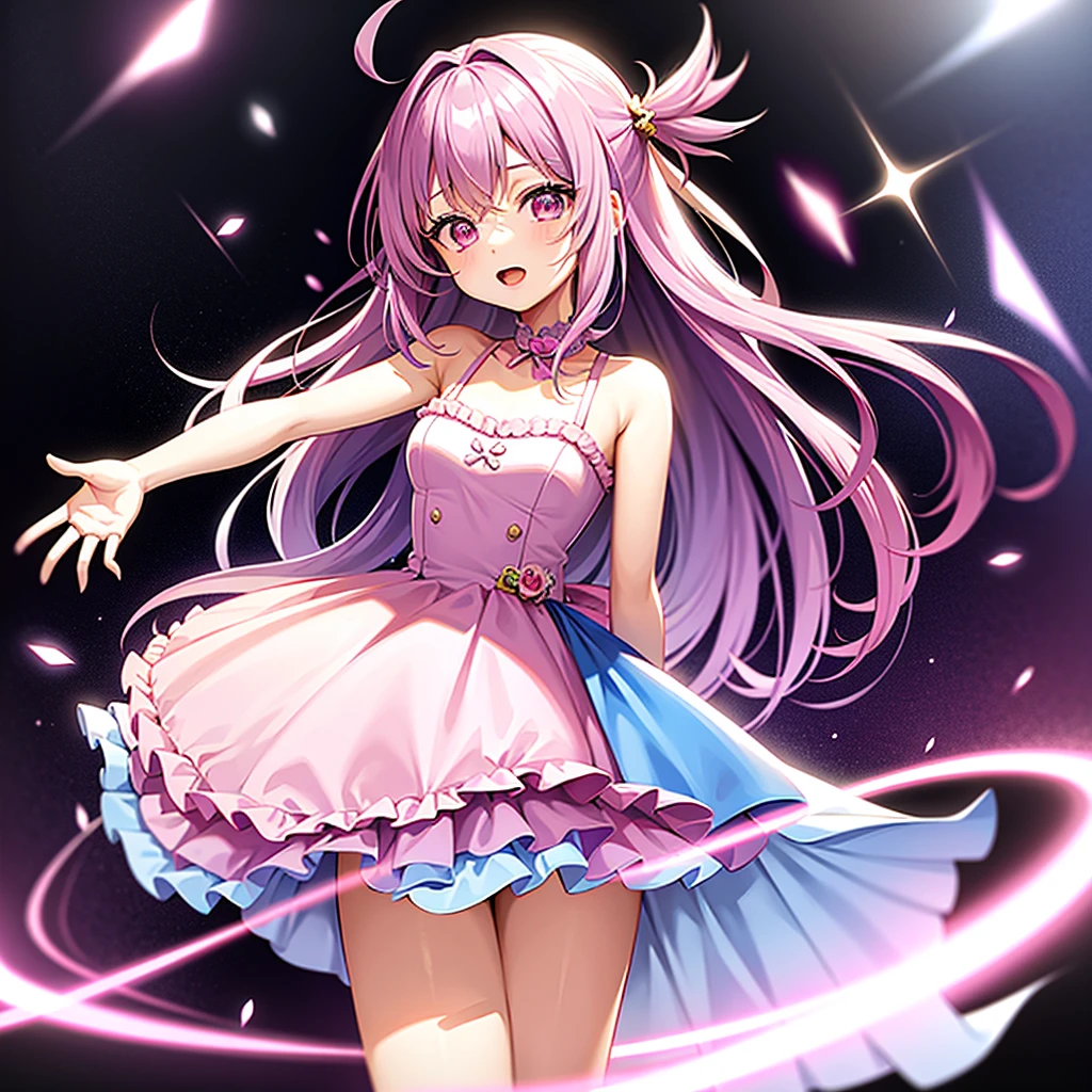 1girll, Solo, kawaii, Purple hair、Long、Hair is down、Rabbit hair ornament、Rabbit with hair ornament light pink color、Eyes purple and pink、White stars in the eyes、pink mini dress、Light blue stars on dress、idol、Singing a song