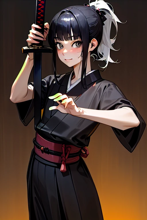 ((Perfect Anatomy:1.2,Realistic:1.4,Raw photo:1.4,masterpiece、highest quality、Ultra - High resolution、High resolution、Extremely detailed CG、8k))),Cowboy Shot,1 female,alone、18 year old beauty,Japanese,((Beautiful and exquisite face and eyes:1.3,Gorgeous eyes:1.3,Grey Eyes)),Black Hair,Long Hair,Straight hair,ponytail,Blunt bangs,blush,(Medium chest,Slender body,Small Head:1.2,skinny),(Glowing Skin:1.4,Oily skin:1.5,Shiny skin)、((holding a Japanese sword in one hand、A detailed depiction of a Japanese sword)),(Slashing action pose:1.5)、Kendo uniform、kimono、Black too、shrine、domestic、Outdoor、