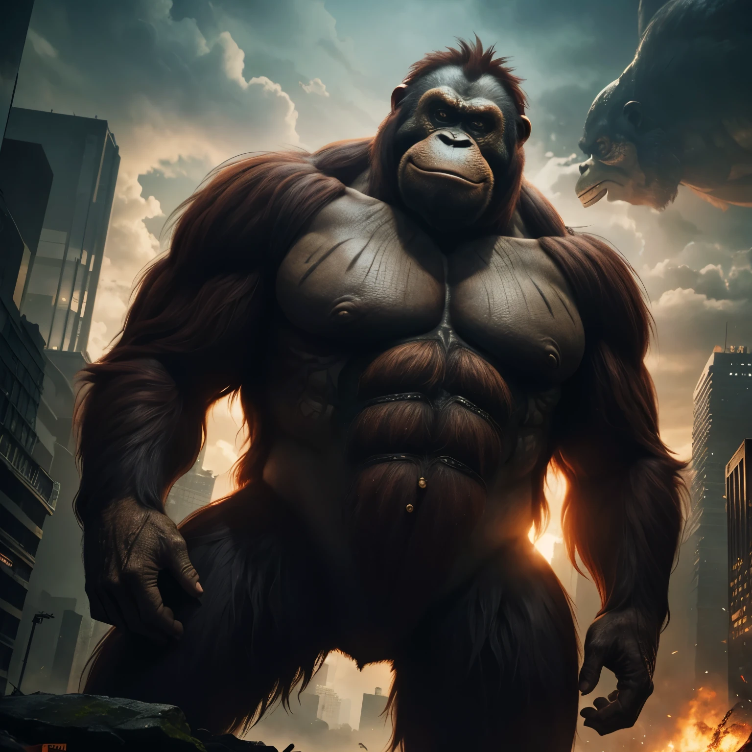 Gigantic kaiju orangutan, hybrid, mutated creepy, dark, epic, massive dramatic effect, 4k, detailed.