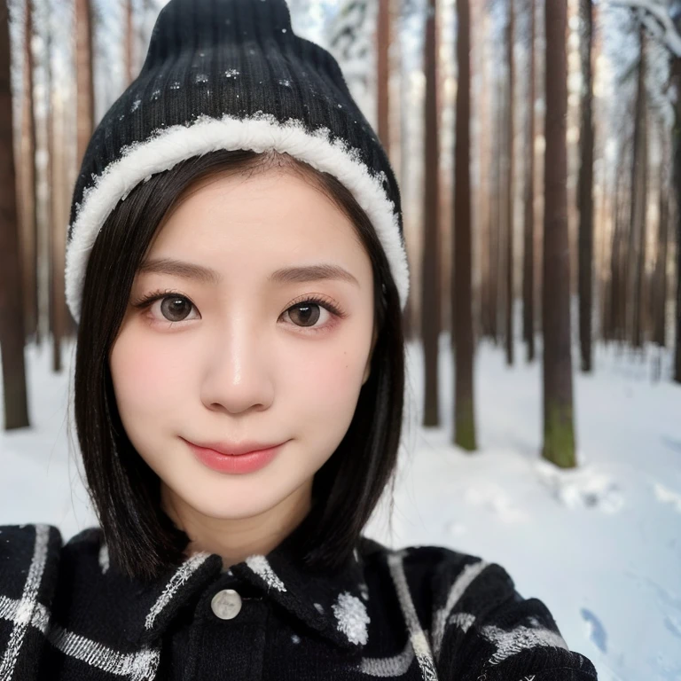 (kawaii 24 year-old Japanese girl, Nogizaka idol, Korean idol), (glossy black hair, short bob, even and symmetric hair design:1.3), (deep black eyes, rounded face, single eyelid, no makeup, soft smiling:1.2), (wearing longsleeved flannel shirt, knitted beanie:1.3), (extra small breasts:0.9), (looking at camera:1.2), BREAK, (snowy winter forest background:1.3), (upper body shot, view from below:1.3), BREAK, (masterpiece, best quality, photo realistic, official art:1.4), (UHD, 8K quality wallpaper, high resolution, raw photo, golden ratio:1.3), (shiny skin), professional lighting, physically based rendering, award winning, (highly detailed skin, extremely detailed face and eyes), Carl Zeiss 85 mm F/1.4, depth of field, 1girl, solo,
