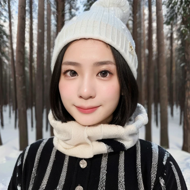 (kawaii 24 year-old Japanese girl, Nogizaka idol, Korean idol), (glossy black hair, short bob, even and symmetric hair design:1.3), (deep black eyes, rounded face, single eyelid, no makeup, soft smiling:1.2), (wearing longsleeved flannel shirt, knitted beanie:1.3), (extra small breasts:0.9), (looking at camera:1.2), BREAK, (snowy winter forest background:1.3), (upper body shot, view from below:1.3), BREAK, (masterpiece, best quality, photo realistic, official art:1.4), (UHD, 8K quality wallpaper, high resolution, raw photo, golden ratio:1.3), (shiny skin), professional lighting, physically based rendering, award winning, (highly detailed skin, extremely detailed face and eyes), Carl Zeiss 85 mm F/1.4, depth of field, 1girl, solo,