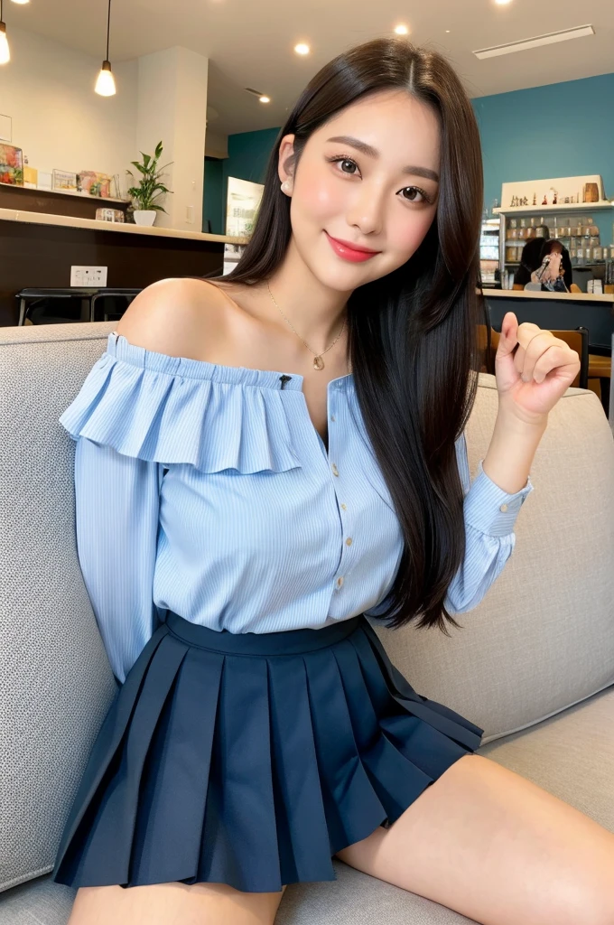 ,(tareme:1.4),kind eyes,curvy body,(beautiful young japanese woman),straight hair,look at viewer,off-the -shoulder,blouse,pleated skirt,shiny skin,light make-up,fellatio gesture,sitting on sofa at cafe,24 years old,tender smile,sexy laced undies,(spreading legs),no make-up,(holding up skirt)