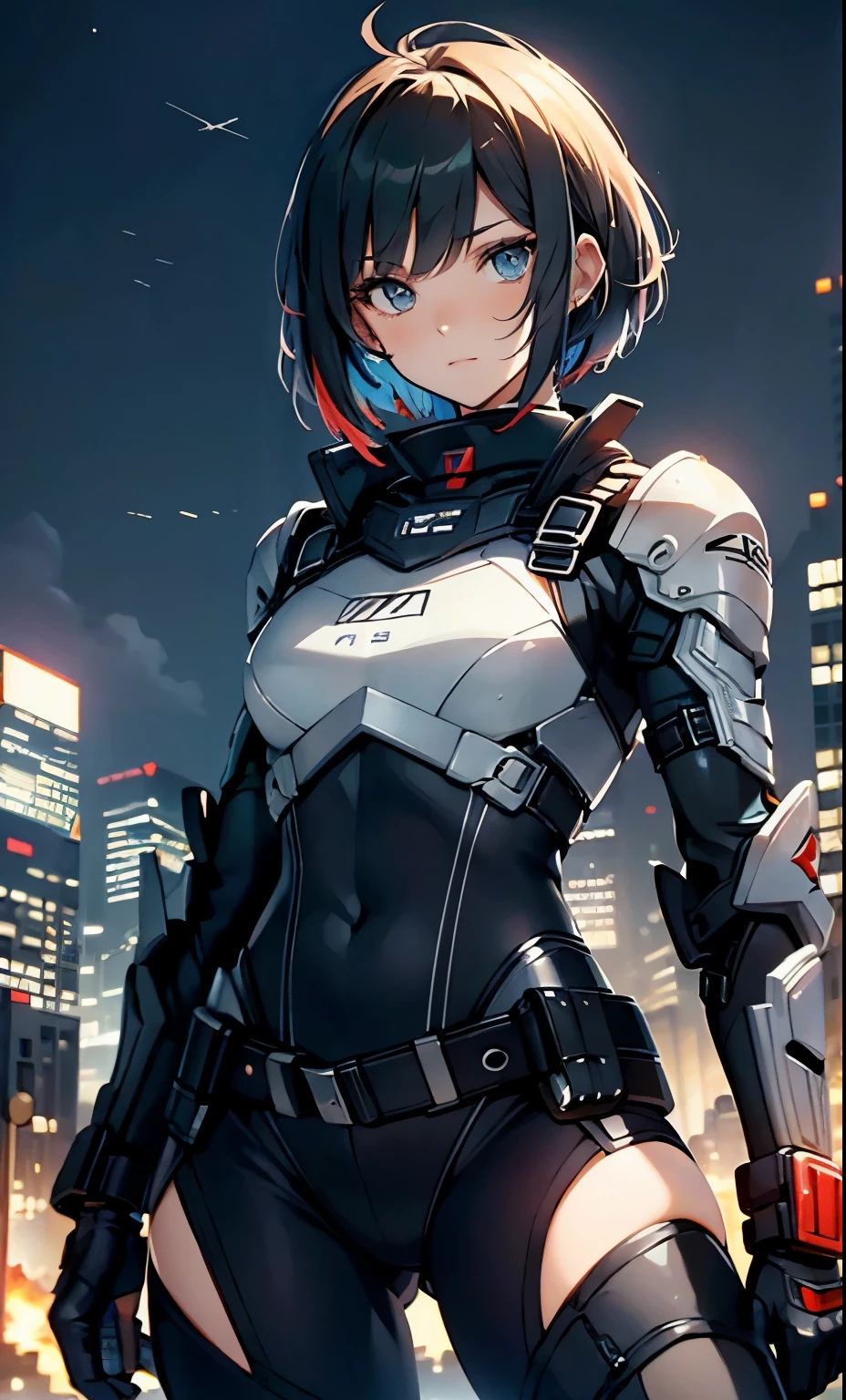 best qualityer,tmasterpiece,Ultimate resolution,downy,Extremely colorful,Colorful,Women combatants,a matural female,Black super short hair,holding gun,Tight combat suit,tightsuit,Steel City background,the night,Normal posture,Normal posture