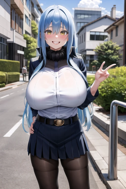 masterpiece, best quality, highres, rimuru tempest, blue hair, long hair, big breasts, black sailor uniform, stocking, cleveage, show stomach, belt, black pleated skirt, cowboy shot, standing, looking at viewer, city road, outdoor, modern city road, blush, shy, smile, show teeth, sexy pose,