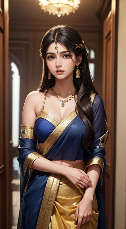Rhea Chakraborty plays a beautiful 18-year-old woman, She is wearing a gorgeous navy blue ghagra and long blouse, Eye mascara, eye shadow, Long eyelashes, Gold Jewelry , Large Breasts, Stand in the palace, Upper Body, Front view, Big Plans, Pubic hair is visible and she's holding my hand, looking in my eyes and she's the cutest girl in world