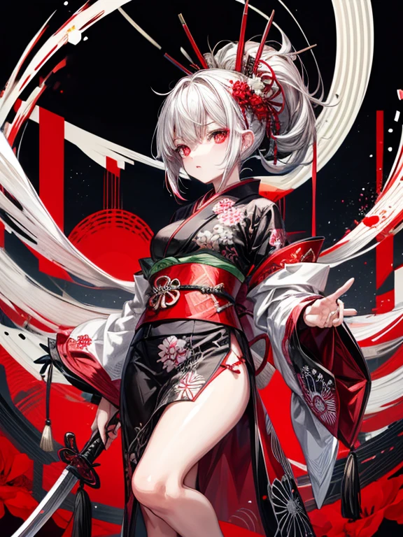 Girl in kimono standing with Japanese sword, white medium hair, red eyes, red lips, kimono with red cluster amaryllis pattern on black background, red splash pattern on black background, super high quality, super fine detail, super fine kimono pattern