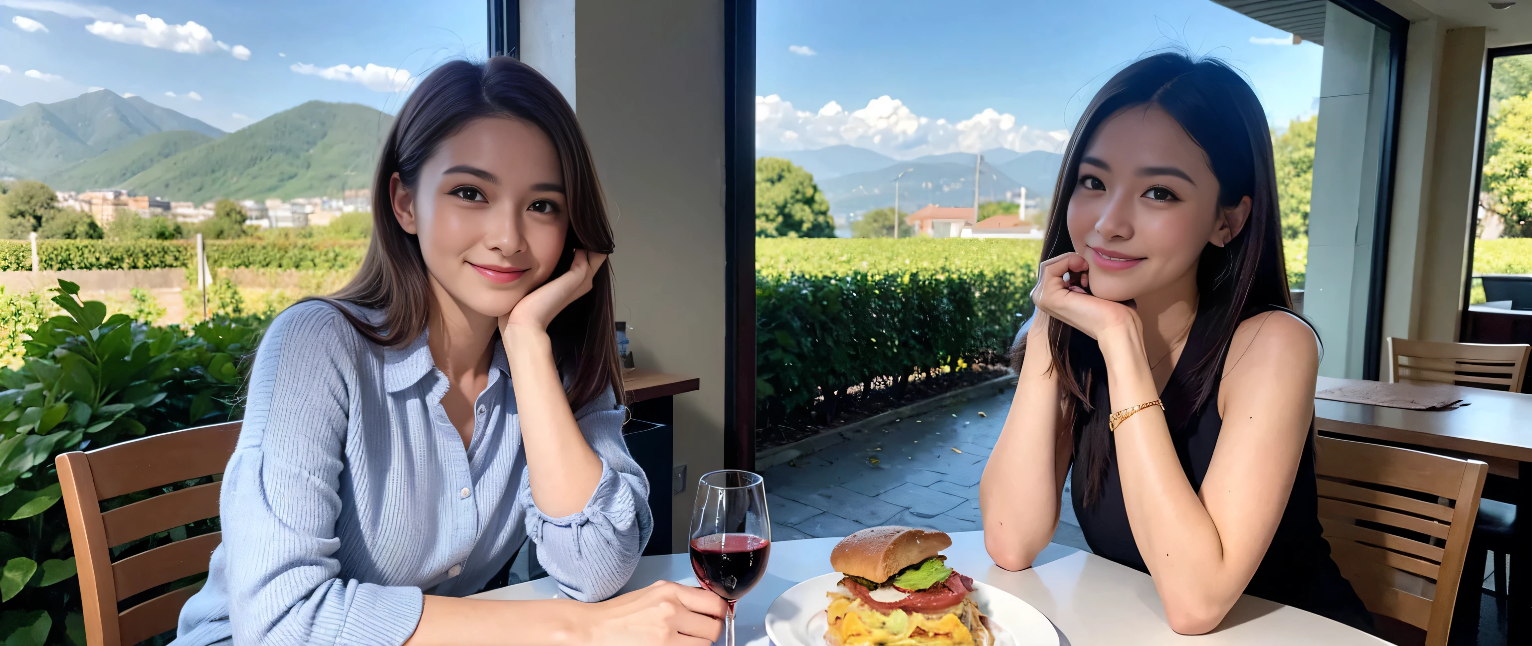 ((highest quality、8k、masterpiece:1.3))、Beautiful woman perfect body:1.4、Slim body、((Bob Hale、Straight hair:1.2))、 Ultra-high resolution, Bright image、2. The beauty of wine, Beautiful Face, blue eyes, Beautiful Eyes, The light shines on your face, Blushing your nose, short hair,Amazing view of the sunset sky and clouds、Amazing mountain views、A bright smile、A lovely woman with a smile、Bright Face、Fox face、Lady、Champagne、Wine bottle、wine glass、red wine 、Appetizers、Italian food、Two beauties、Brown Hair、Shortcuts、Long sleeve shirt、Winter Fashion、dress、Wine bottle、sparkling wine、Pretty Woman 1, (Slim face), (Brown Hair), (Shortcuts), cheeks turn a little red, (42 years old), 39 years old, Attractive beauty、restaurant, Nova Frog Style, actress, model, Upper Body, White wine, slim, wine glass, A wine glass placed in the middle, smile, (smile: 1.15), Beautiful Eyes, Strong light and shadow,Moist Body:1.5、Delicate eyes、Brown Hair、The hair is very shiny、
