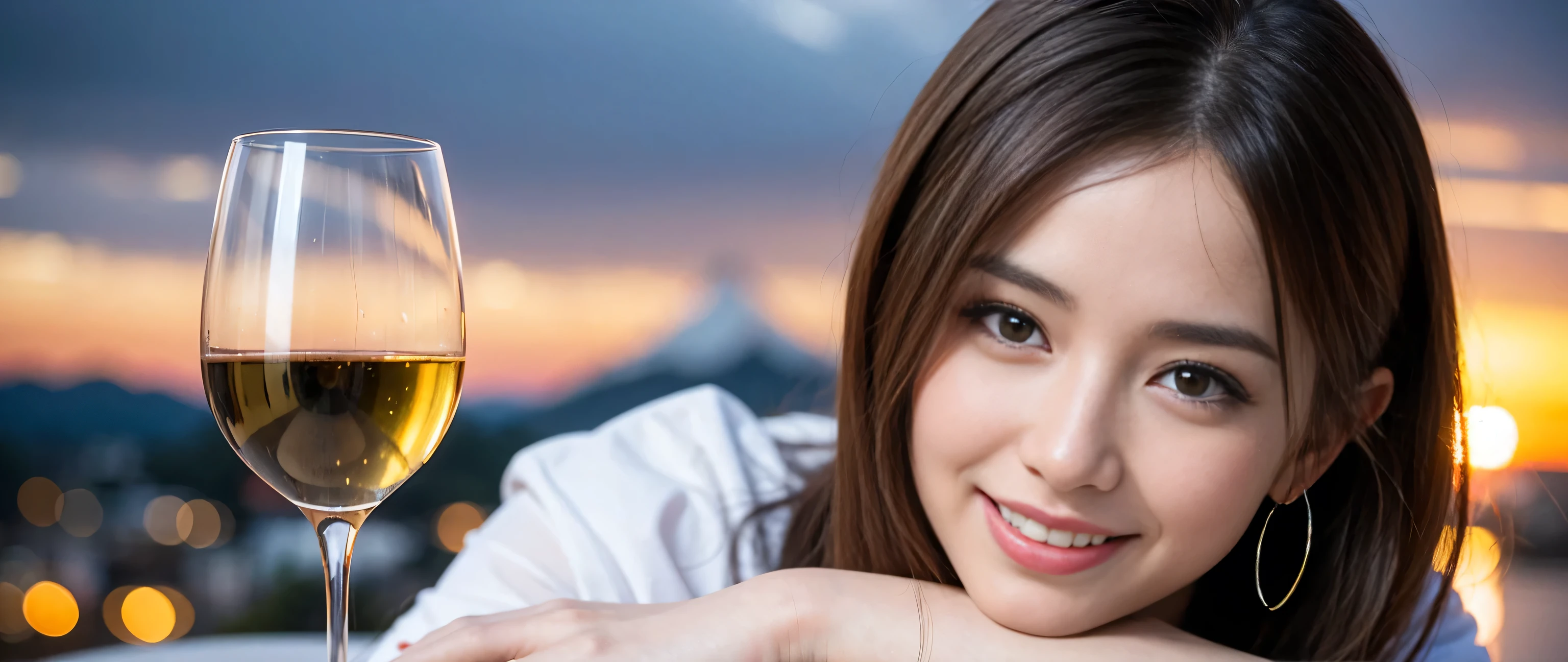 ((highest quality、8k、masterpiece:1.3))、Beautiful woman perfect body:1.4、Slim body、((Bob Hale、Straight hair:1.2))、 Ultra-high resolution, Bright image、2. The beauty of wine, Beautiful Face, blue eyes, Beautiful Eyes, The light shines on your face, Blushing your nose, short hair,Amazing view of the sunset sky and clouds、Amazing mountain views、A bright smile、A lovely woman with a smile、Bright Face、Fox face、Lady、Champagne、Wine bottle、wine glass、red wine 、Appetizers、Italian food、Two beauties、Brown Hair、Shortcuts、Long sleeve shirt、Winter Fashion、dress、Wine bottle、sparkling wine、Pretty Woman 1, (Slim face), (Brown Hair), (Shortcuts), cheeks turn a little red, (42 years old), 39 years old, Attractive beauty、restaurant, Nova Frog Style, actress, model, Upper Body, White wine, slim, wine glass, A wine glass placed in the middle, smile, (smile: 1.15), Beautiful Eyes, Strong light and shadow,Moist Body:1.5、Delicate eyes、Brown Hair、The hair is very shiny、