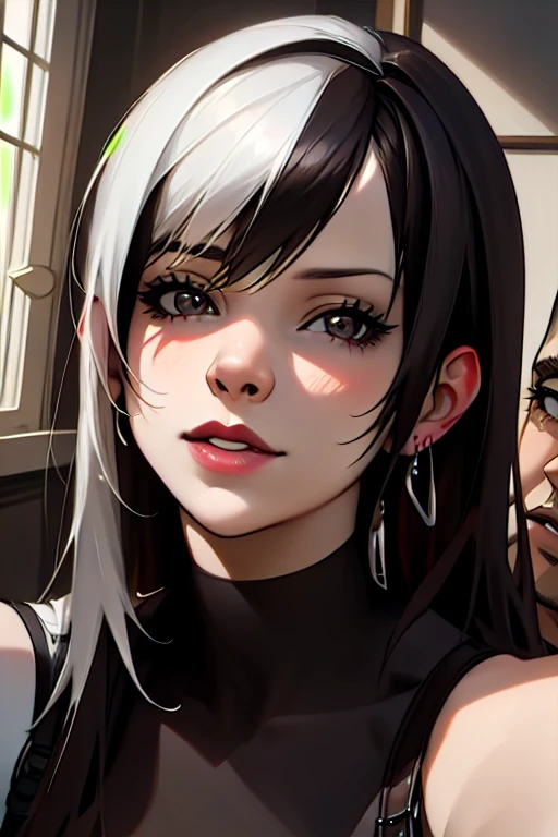 An arafe image of a sexy couple posing together by the window, seductive Tifa lockhart portrait, Tifa, Tifa lockhart, Tifa lockheart, Tifa lockhart portrait, glamorous Tifa lockheart, portrait of Tifa lockhart, Tifa lockhart with white hair, Renji Murata and Artgerm, 8k high quality detailed art
