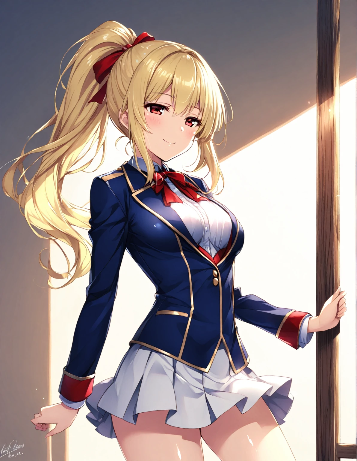 (solo woman)、(blonde hair:1.0)、(shiny red eyes:1.1)、(highponytail:0.9)、(a little red libbon:0.8)、(long hair:0.7)、middle breast:0.8、Fantasy game blazer uniform、mini skirt、A scene of a smiling  on the way to school with the morning sun behind them、half-closed eyes,