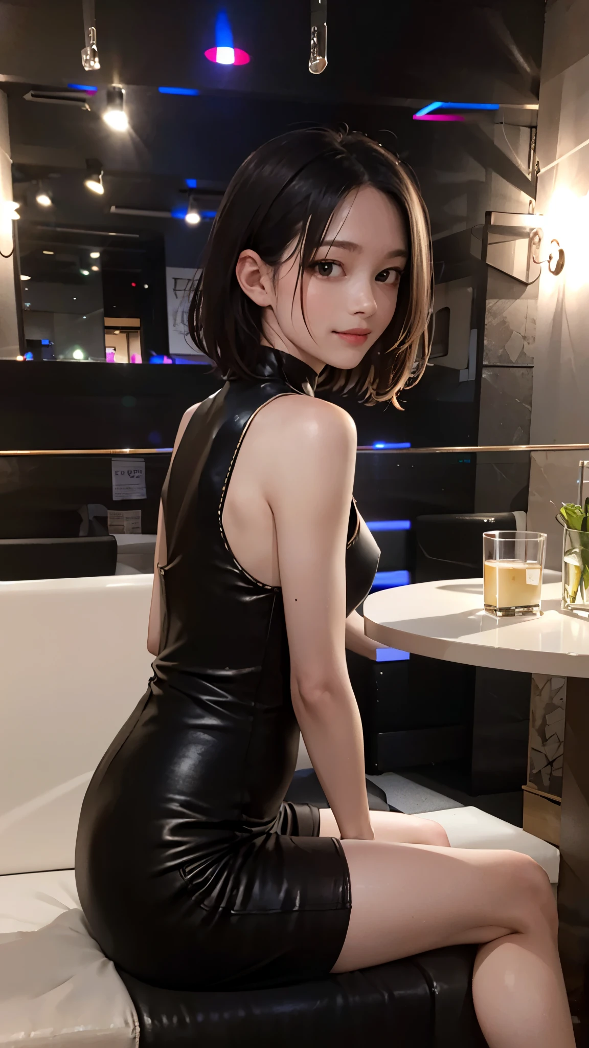 sc1, couch, scenery, table, indoors, night sky, low_light, depth of field, from from side, sitting,, ultra detailed, masterpiece, best quality, aesthetic, detailed,, solo, soft smile, light smile,
1girl, (hostess:1.5, Golden lighting:1.8、Black short hair、Velvet celeb split dress)