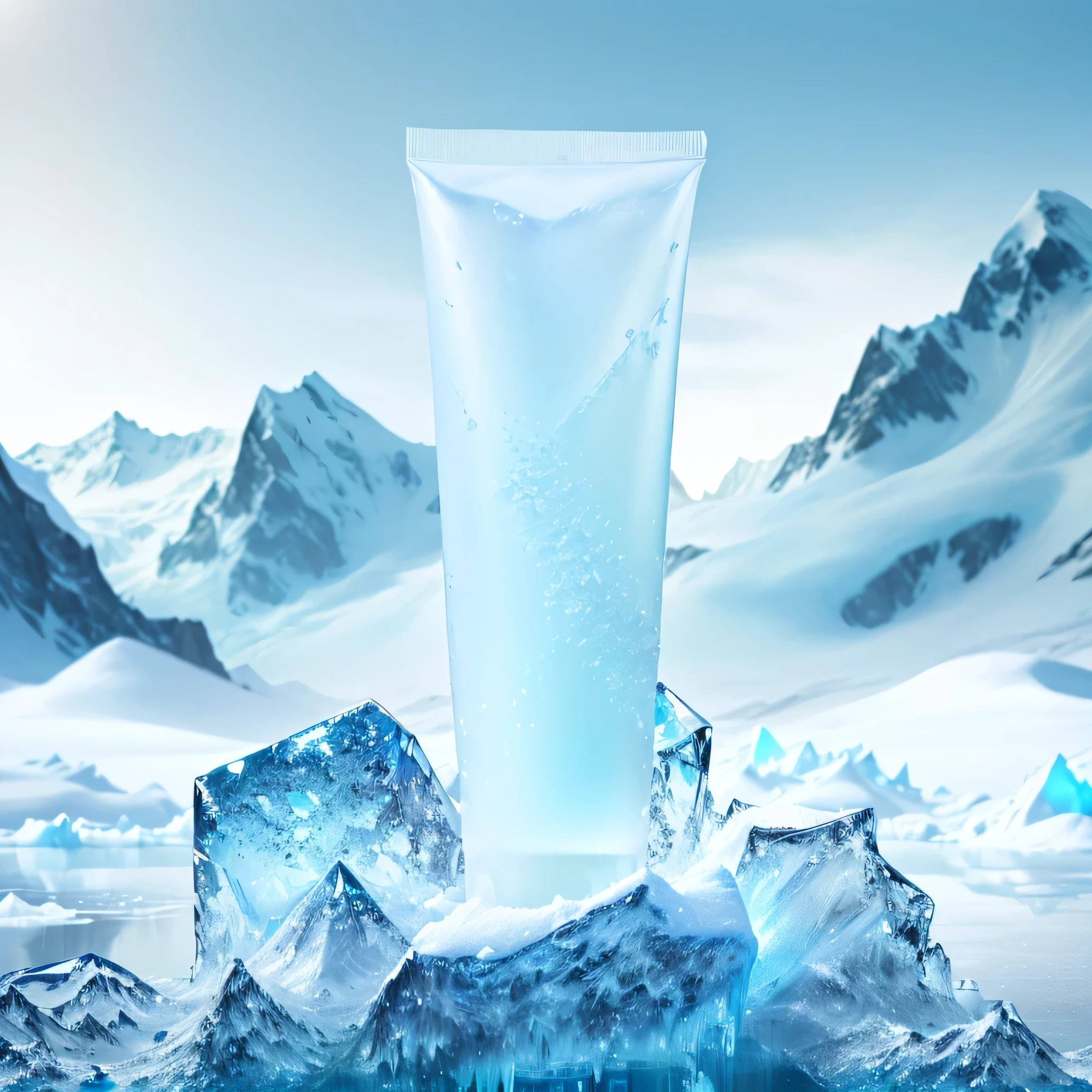 there is a tube of toothpaste sitting on ice in the water, with a snowy mountain and ice, frozen blue skin, ice cold, blue liquid and snow, ice mountains in the background, ice cold mountains in the background, High-quality local rendering, blue ice, icey, frozen, ice cold mountains, cold, ice cold blue theme, pillars of ice background, ice, cold environment