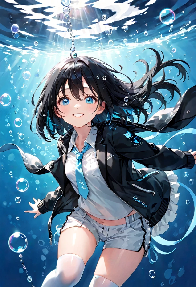 ((highest quality)), ((masterpiece)), ((Ultra-detailed)), (Very delicate and beautiful), With a girl, solo, Cold attitude,((Black jacket)),She is very(relax)with(Calm)Appearance,Black-haired, Depth of written boundary,Wicked Smile,bubble, Underwater, Air bubbles,bright light blue eyes,The inside color is light blue、Hair tips are dark blue,Cold Background,Bob Hair - Line Drawing, Shorts、Knee-high socks、Like a white uniform 、Light blue ribbon tie、The clothes are transparent、Put your hands in your pockets