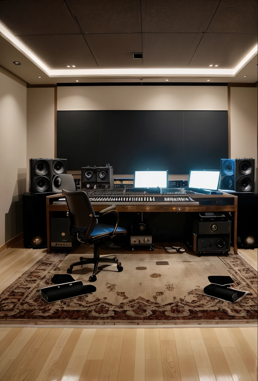 professional music studio, fancy, luxury, large space, recording studio, expensive, ultra realistic, photo realistic, full equipment, aesthetic shot, cinematic shot