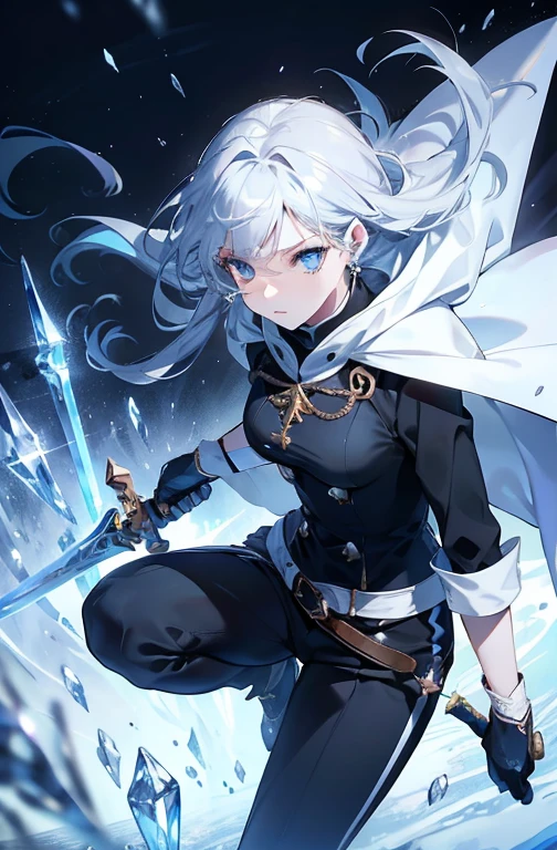 (best quality, high resolution), ultra-detailed, woman, young, 19 years old, swordsman, long white hair, snow-white skin, cold eyes, crystal blue eyes, black uniform with black pants, black clothing, white cape with hood. Crystal loga sword, shiny, (ultra-detailed sword, high resolution, best quality). Earring, crystal bottom.