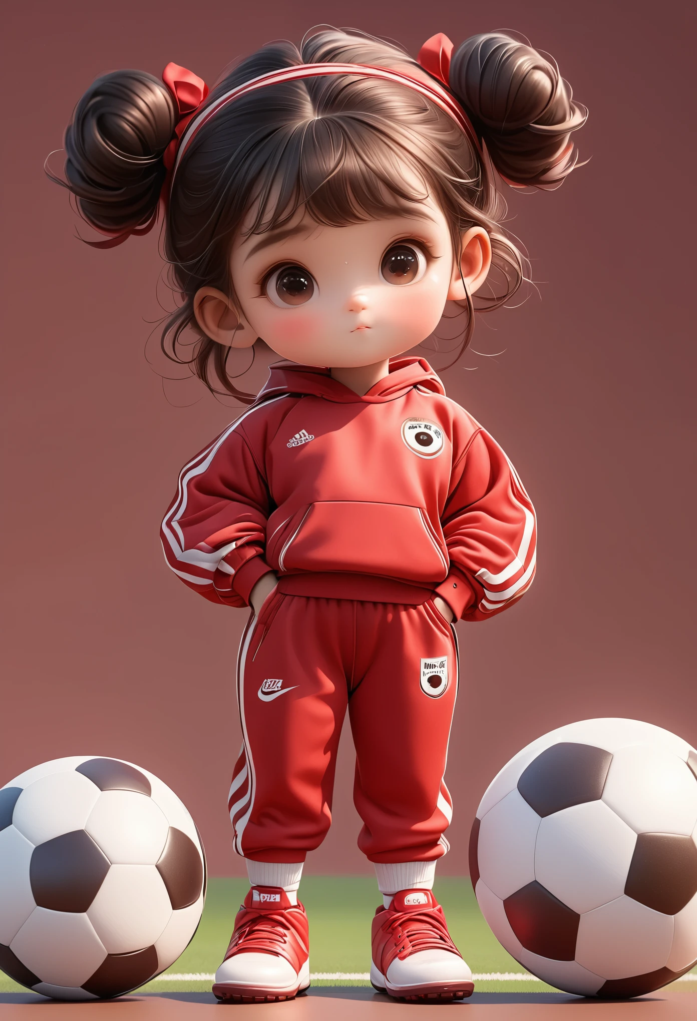 3D，1. Little Girl，Headband，Unique，1. Football，Red sportswear suit，Cartoon Style