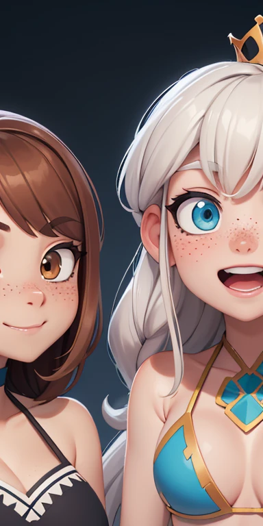 Beautiful portrait mode pose Cartoon character in dynamic pose two women together with freckles on their faces Disney princess Queen Anna of Arendelle with 1,60cm on the left and together with a symmetrical body and beautiful breasts, corpo bem definido, delicado e sensual, estilo de desenho animado, digital illustration Portrait mode a close up of two women Cartoon style digital illustration in bikinis in front of a mountain, artegerm e lois van baarle, artegerm e atey ghailan, modelo uniforme | artegerm, artegerm e Genzoman, artegerm comic, como visto em artegerm, artegerm e wlop, artegerm and rossdraws style digital illustration cartoon style