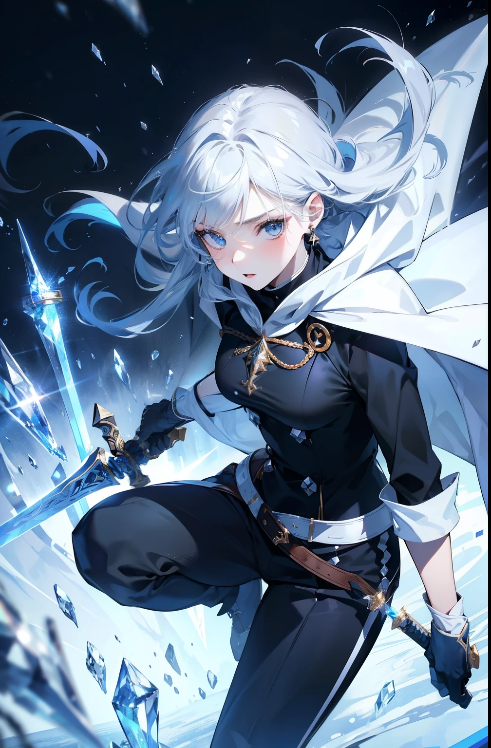 (best quality, high resolution), ultra-detailed, woman, young, 19 years old, swordsman, long white hair, snow-white skin, cold eyes, crystal blue eyes, black uniform with black pants, black clothing, white cape with hood. Crystal loga sword, shiny, (ultra-detailed sword, high resolution, best quality). Earring, crystal bottom.