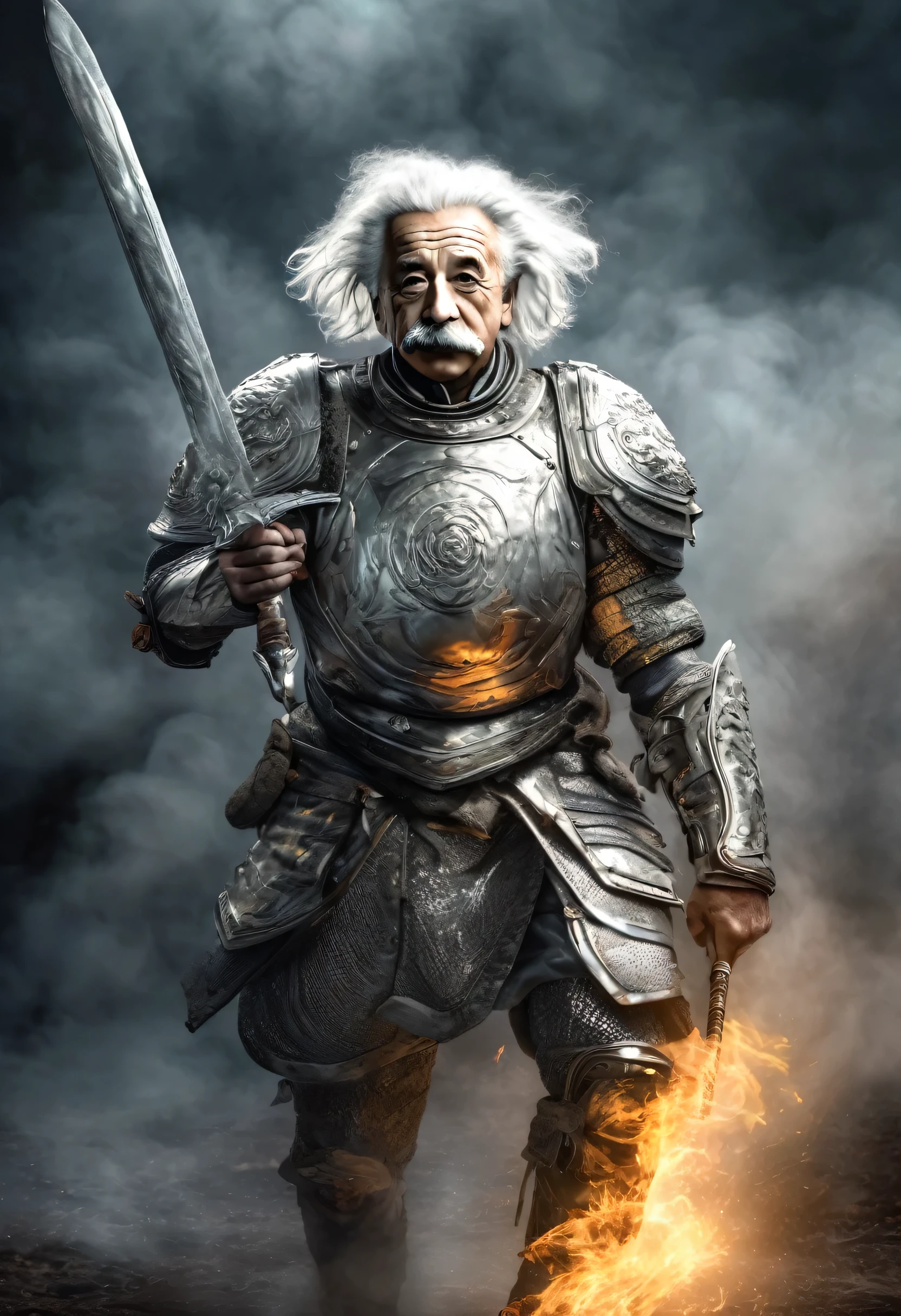 Albert einstein, wearing silver armor with tiger theme, carrying a sword and shield, dynamic pose, insane detail, hyper realistic, battlefield, people war, fog, smoke, fire