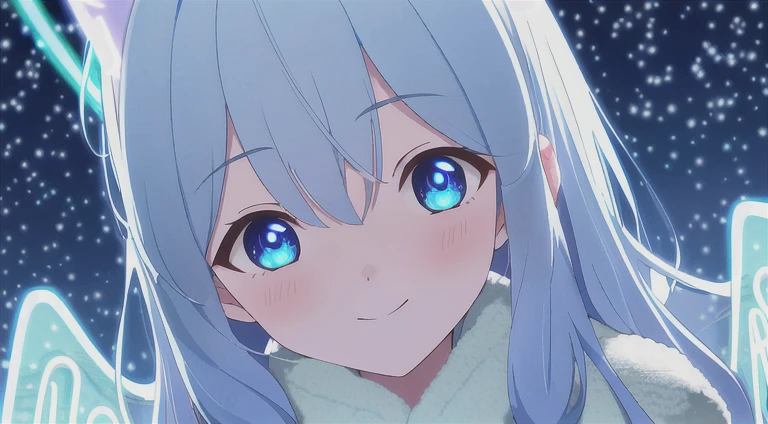 (sunaookami shiroko:1.2), {{{{masterpiece, realistic, extremely detailed, intricate details, soft focus, 8K, highres, depth of field, absurdres, high quality facial shadowing, dynamic shadowing, cinematic lighting, perfect lighting, soft lighting, blurry foreground, lens flare}}}}, best quality, beautiful young girl, (high school girl:1.2), (detailed neon angel halo:1.4), bright blue double halo, (beautiful-detailed hair:1.3), dark silver hair, luscious curly hair, (hair splayed out:1.2), (detailed eyes:1.2), glowing bright blue eyes, silver cat ears, (detailed facial expression:1.1), shy smile, detailed red blush, mistletoe hair ornament, glowing blue cross necklace with wings, fluffy white winter overcoat, winter night, (enhanced background:1.4), snow falling at midnight with clear skies overhead, snow on sidewalks with Christmas lights on tree's surrounded the viewer, (cowboy shot:1.1), hazy photo, (warm photo:1.3)