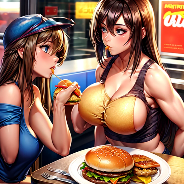 Woman in a tight tank top and tight hot pants eating a hamburger at an American food stall　highest quality　Beer to the table