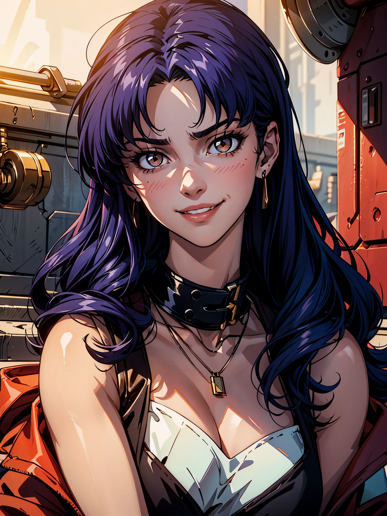 A stunning and intricate full color, Ultra-HD portrait of a 29 year old girl, long wavy indigo blue hair, brown eyes, detailed face, wearing a loose fitting red jacket, short black sleeveless dress with high collar, necklace crossover, epic character composition, alessio albi, nina masic, sharp focus, natural lighting, subsurface dispersion, f2, 35mm
, low-cut, plunging neckline, smirk, seductive smile, inviting expression