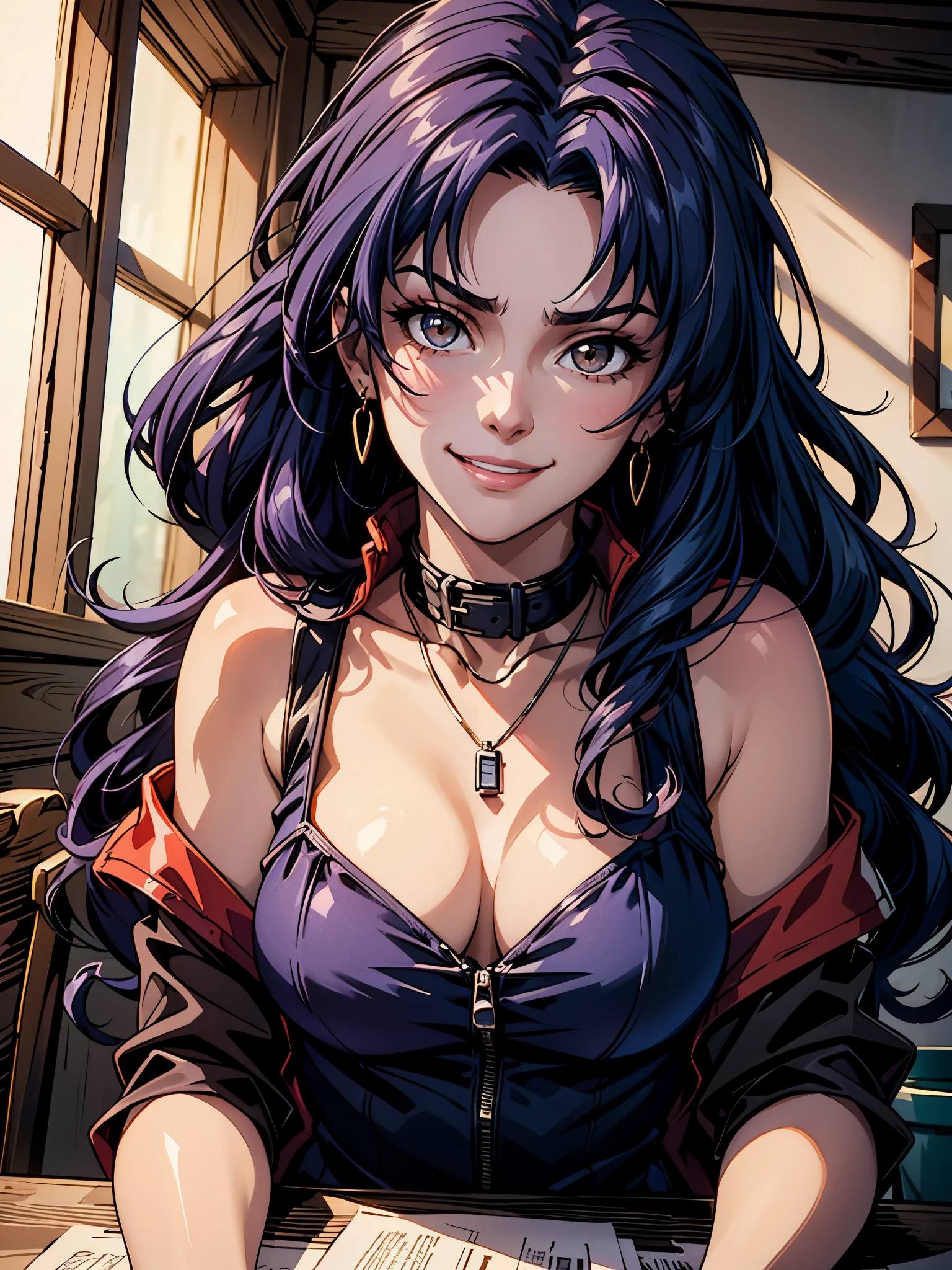 upper body, cowboy shot, A stunning and intricate full color, Ultra-HD portrait of a 29 year old girl, long wavy indigo blue hair, brown eyes, detailed face, wearing a loose fitting red jacket, short black sleeveless dress with high collar, necklace crossover, epic character composition, alessio albi, nina masic, sharp focus, natural lighting, subsurface dispersion, f2, 35mm
, low-cut, plunging neckline, smirk, seductive smile, inviting expression