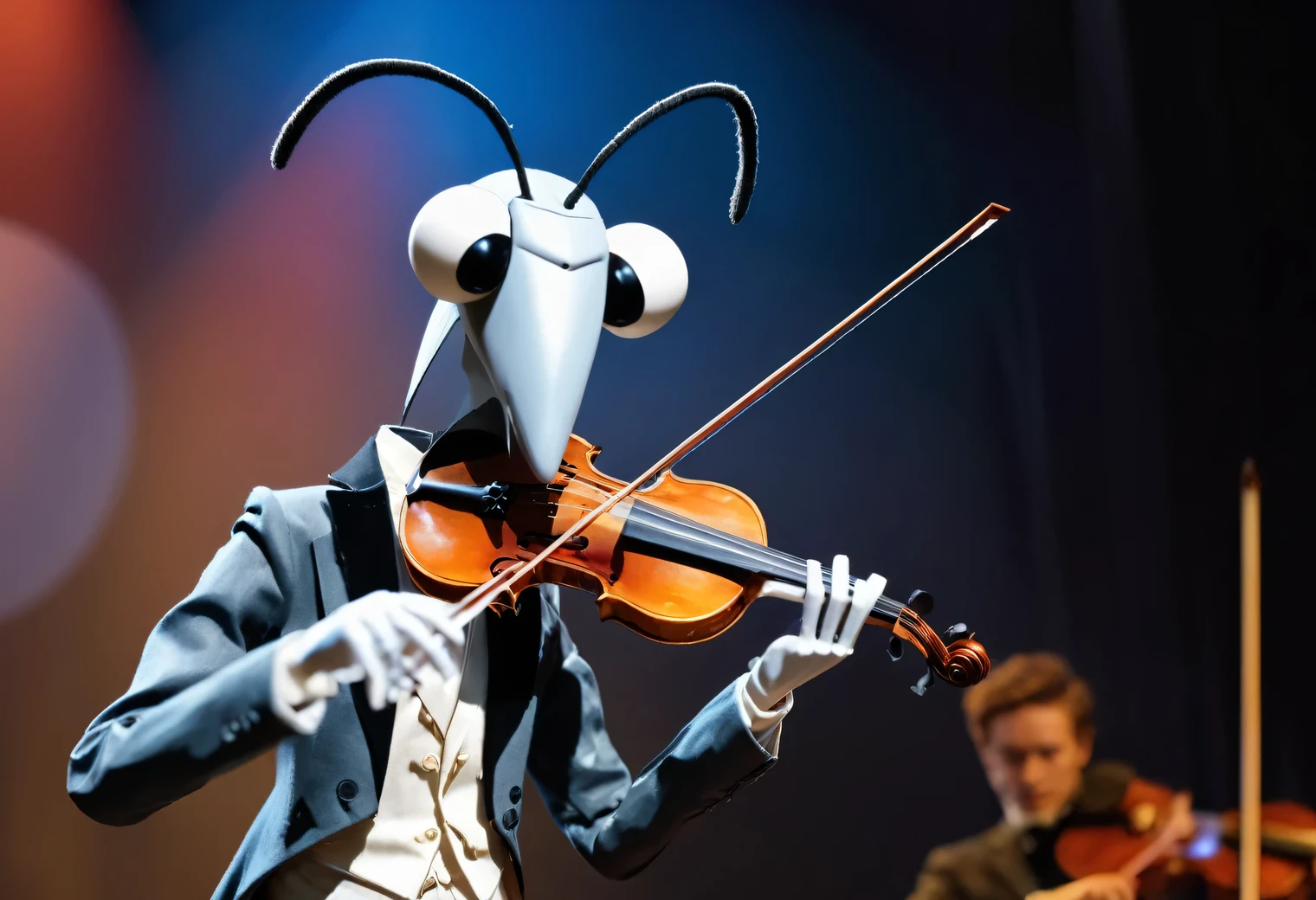 Dynamic shot, humanoid (anthropomorphic) mosquito fiddler, humanoid mosquito on stage playing the violin, humanoid mosquito dressed in a tailcoat, ready to play the violin, photorealistic, high quality, high detail, focus on the face of a humanoid mosquito, focus in the center of the frame, blurred background
