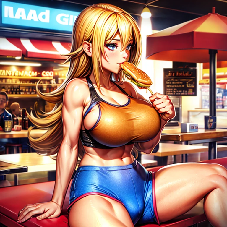 Woman in a tight tank top and tight hot pants eating a hamburger at an American food stall highest quality Beer to the table