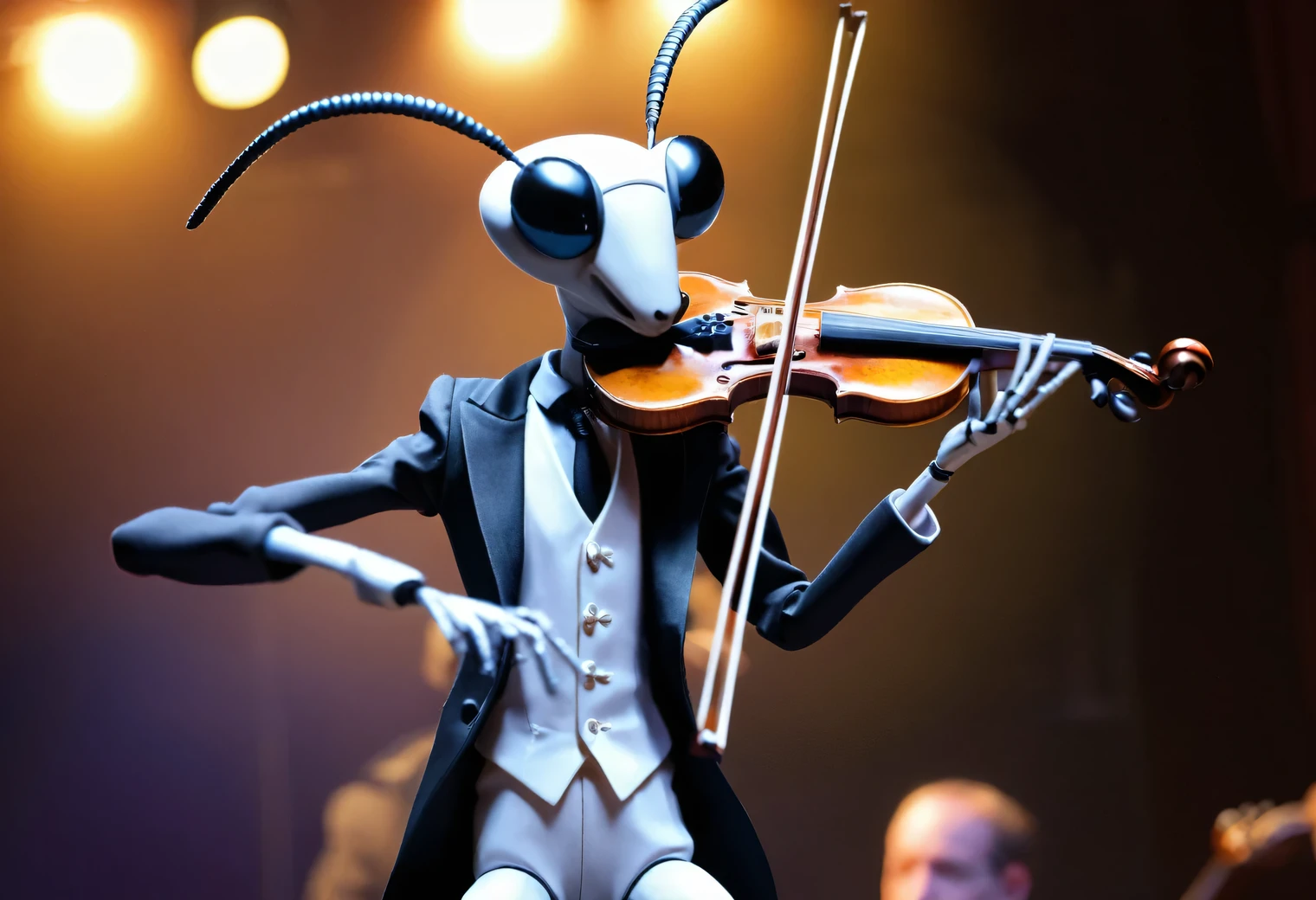 Dynamic shot, humanoid (anthropomorphic) mosquito fiddler, humanoid mosquito on stage playing the violin, humanoid mosquito dressed in a tailcoat, ready to play the violin, photorealistic, high quality, high detail, focus on the face of a humanoid ant, focus in the center of the frame, blurred background