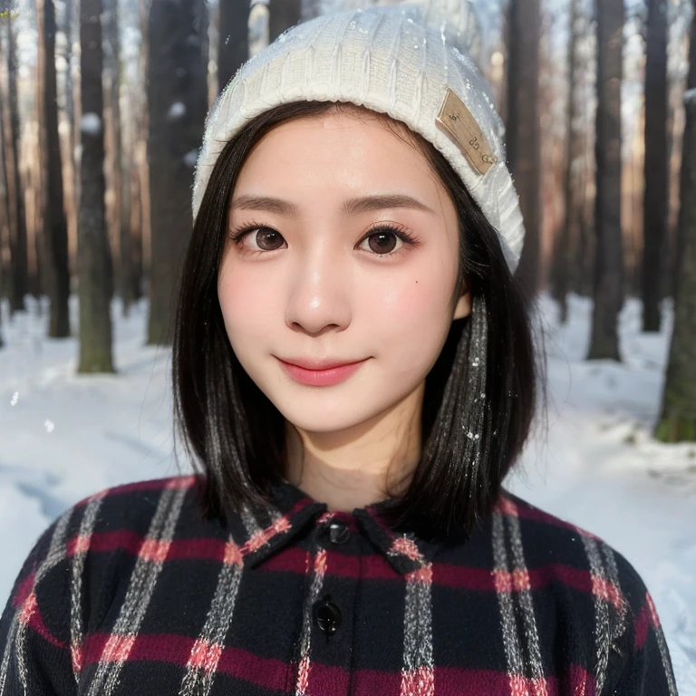 (kawaii 24 year-old Japanese girl, Nogizaka idol, Korean idol), (glossy black hair, short bob, even and symmetric hair design:1.3), (deep black eyes, rounded face, single eyelid, no makeup, soft smiling:1.2), (wearing longsleeved flannel shirt, knitted beanie:1.3), (extra small breasts:0.9), (looking at camera:1.2), BREAK, (snowy winter forest background:1.3), (bust shot:1.3), BREAK, (masterpiece, best quality, photo realistic, official art:1.4), (UHD, 8K quality wallpaper, high resolution, raw photo, golden ratio:1.3), (shiny skin), professional lighting, physically based rendering, award winning, (highly detailed skin, extremely detailed face and eyes), Carl Zeiss 85 mm F/1.4, depth of field, 1girl, solo,