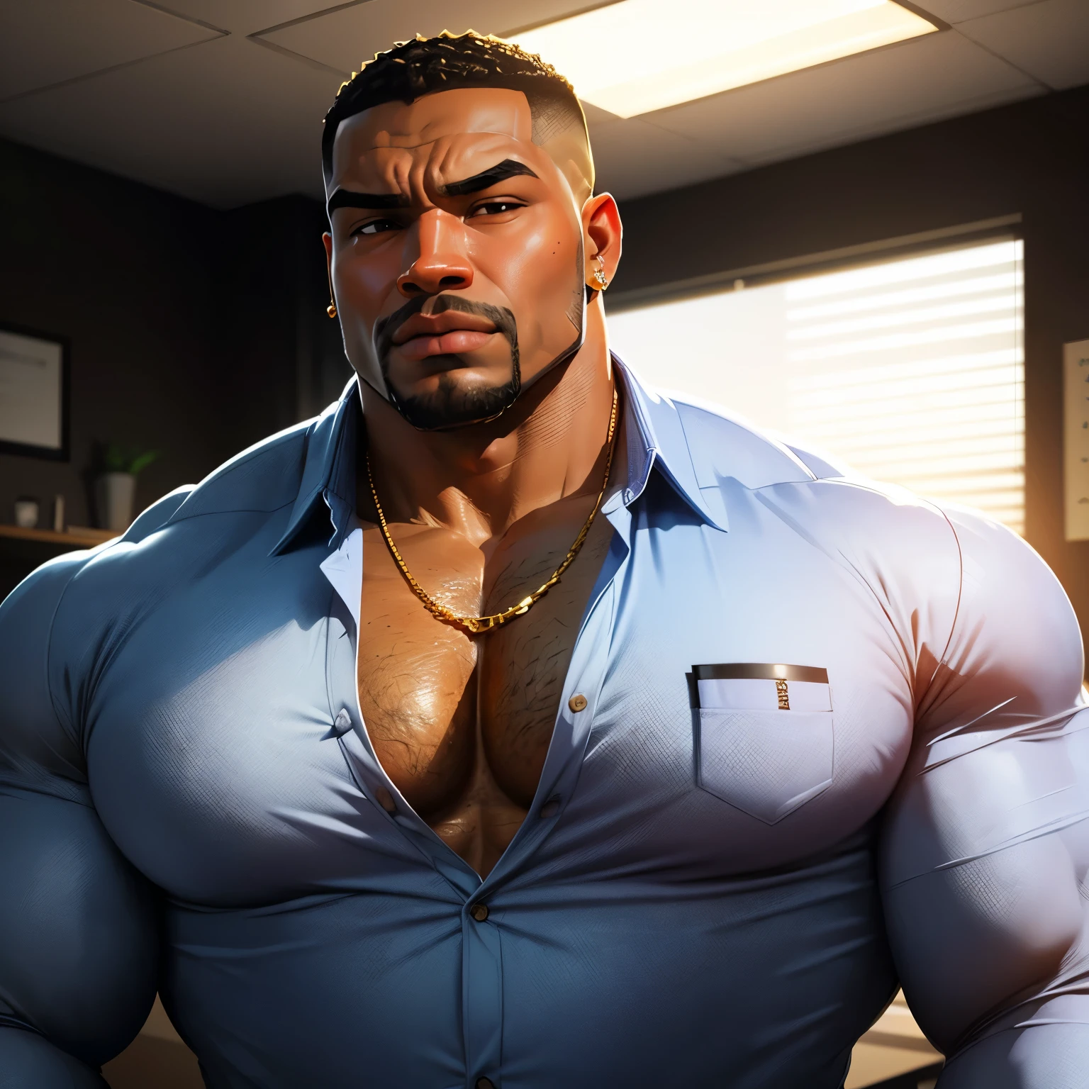 an exaggeratedly muscular and large bodyguard, beefy build, hefty, goatee, dark-skinned african american male, buzzcut hair with square line, (suspicious expression: 1.2), (wearing checkered casual business shirt: 1.2), small company badge on shirt, (bara pecs: 1.3), beefy pecs, gold earrings, small gold necklace, arm tattoo, (arm and chest hair: 1.1), portrait HD, (fluorescent bright business office with large windows)