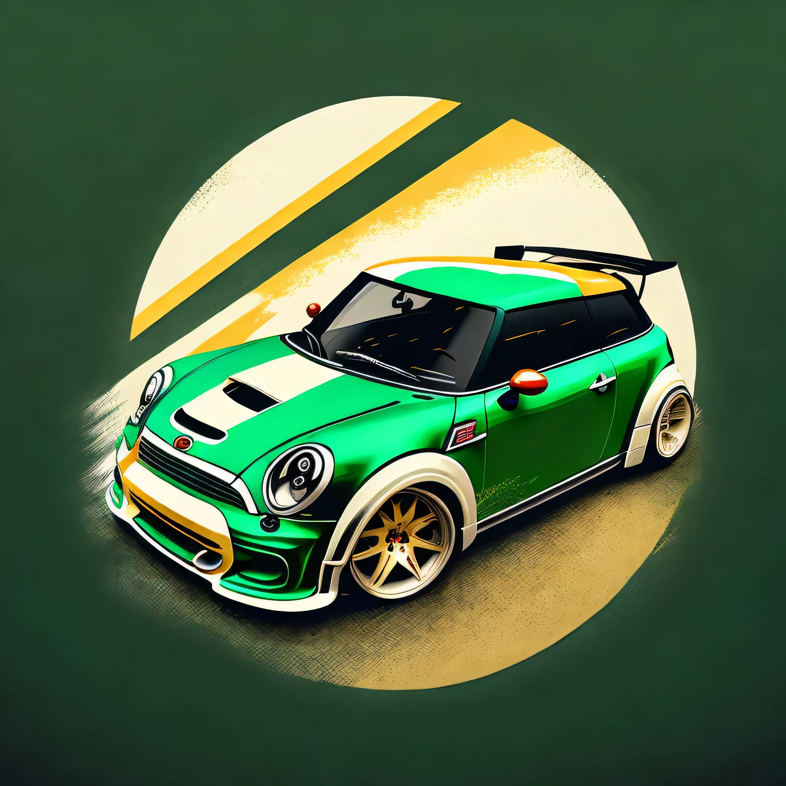 Artwork for t-shirt graphic design, a race track graphic design, Mini Cooper S R56, street, bold green color, background in vintage pastel tone, highly detailed clean, vector image, realistic masterpiece, professional photography, realistic car, car sunrise background, flat black background, isometric, vibrant vector