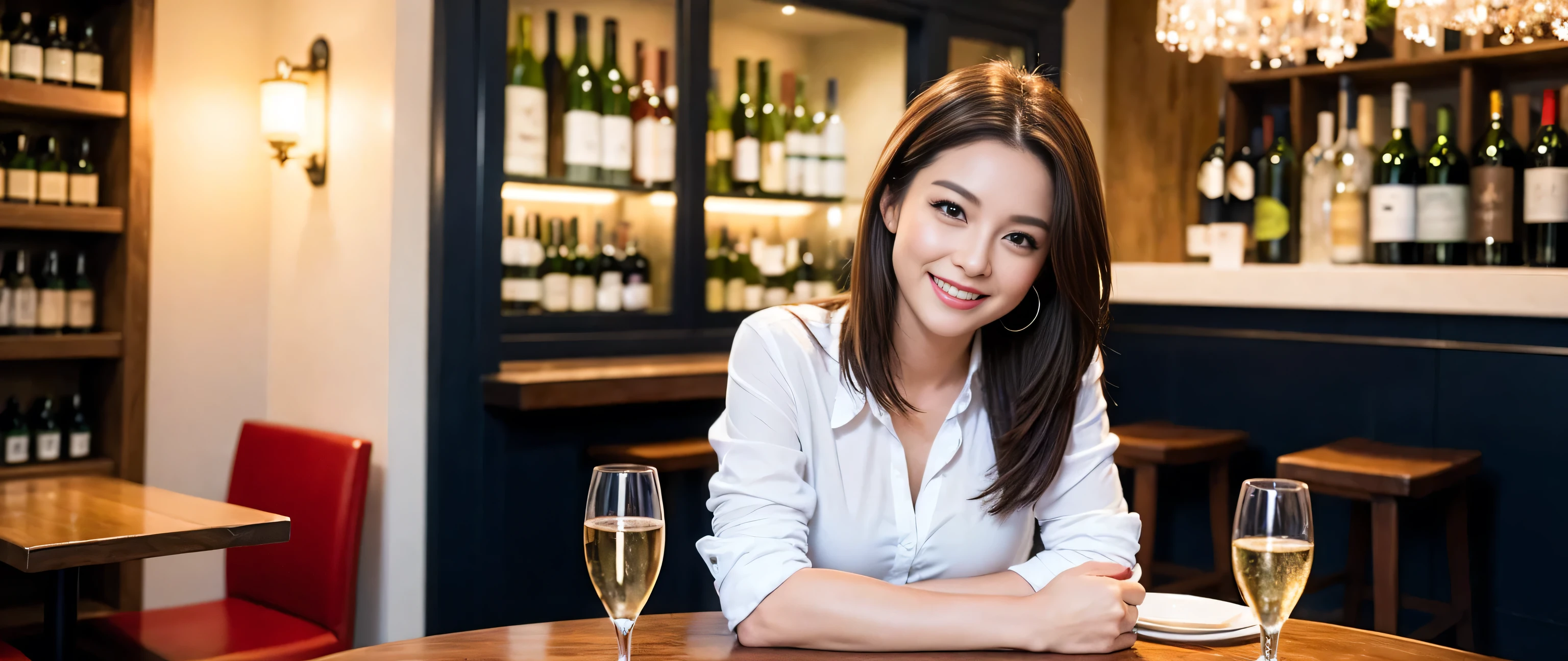 ((highest quality、8k、masterpiece:1.3))、Beautiful woman perfect body:1.4、Slim body、((Bob Hale、Straight hair:1.2))、 Ultra-high resolution, Bright image、2. The beauty of wine, Beautiful Face, blue eyes, Beautiful Eyes, The light shines on your face, Blushing your nose, short hair,Amazing view of the sunset sky and clouds、Amazing mountain views、A bright smile、A lovely woman with a smile、Bright Face、Fox face、Lady、Champagne、Wine bottle、wine glass、red wine 、Appetizers、Italian food、Two beauties、Brown Hair、Shortcuts、Long sleeve shirt、Winter Fashion、dress、Wine bottle、sparkling wine、Pretty Woman 1, (Slim face), (Brown Hair), (Shortcuts), cheeks turn a little red, (36 years old), 39 years old, Attractive beauty、restaurant, Nova Frog Style, actress, model, Upper Body, White wine, slim, wine glass, A wine glass placed in the middle, smile, (smile: 1.15), Beautiful Eyes, Strong light and shadow,Moist Body:1.5、Delicate eyes、Brown Hair、The hair is very shiny、