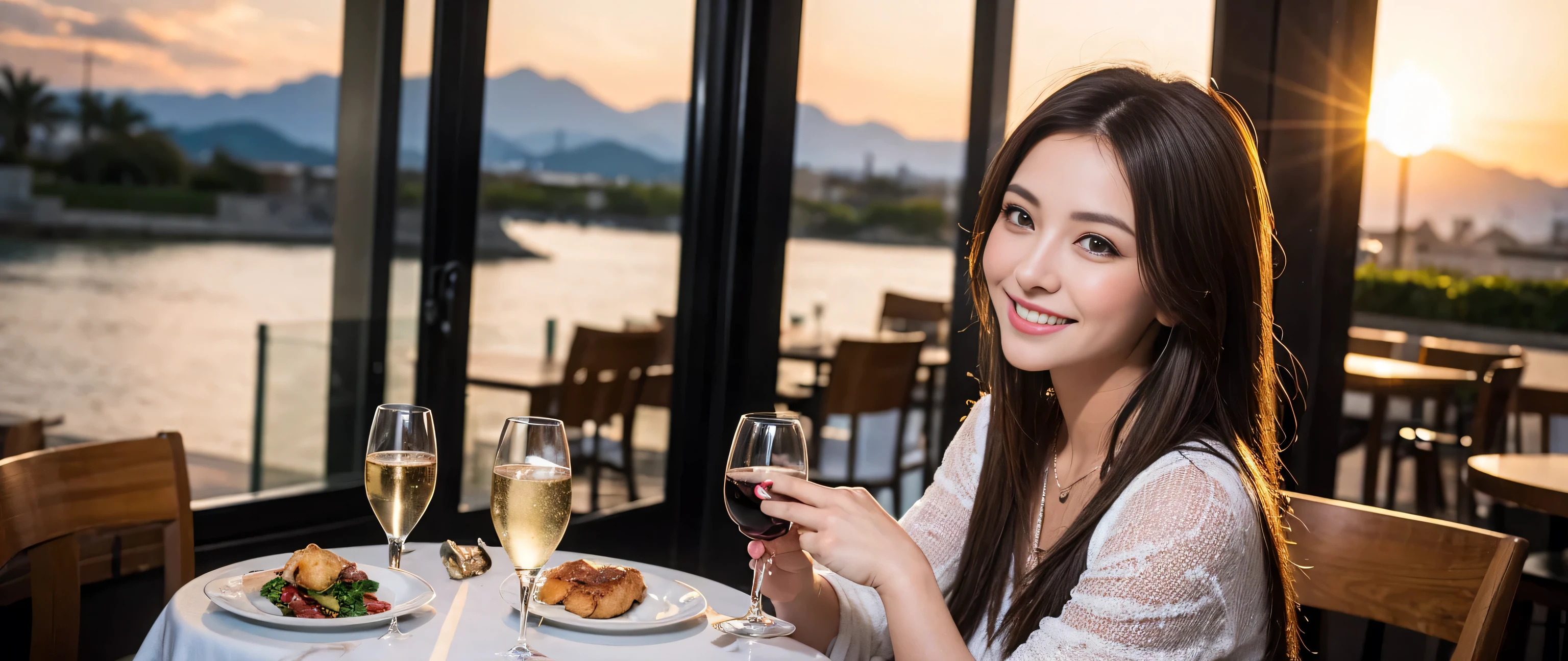 ((highest quality、8k、masterpiece:1.3))、Beautiful woman perfect body:1.4、Slim body、((Bob Hale、Straight hair:1.2))、 Ultra-high resolution, Bright image、2. The beauty of wine, Beautiful Face, blue eyes, Beautiful Eyes, The light shines on your face, Blushing your nose, short hair,Amazing view of the sunset sky and clouds、Amazing mountain views、A bright smile、A lovely woman with a smile、Bright Face、Fox face、Lady、Champagne、Wine bottle、wine glass、red wine 、Appetizers、Italian food、Two beauties、Brown Hair、Shortcuts、Long sleeve shirt、Winter Fashion、dress、Wine bottle、sparkling wine、Pretty Woman 1, (Slim face), (Brown Hair), (Shortcuts), cheeks turn a little red, (36 years old), 39 years old, Attractive beauty、restaurant, Nova Frog Style, actress, model, Upper Body, White wine, slim, wine glass, A wine glass placed in the middle, smile, (smile: 1.15), Beautiful Eyes, Strong light and shadow,Moist Body:1.5、Delicate eyes、Brown Hair、The hair is very shiny、