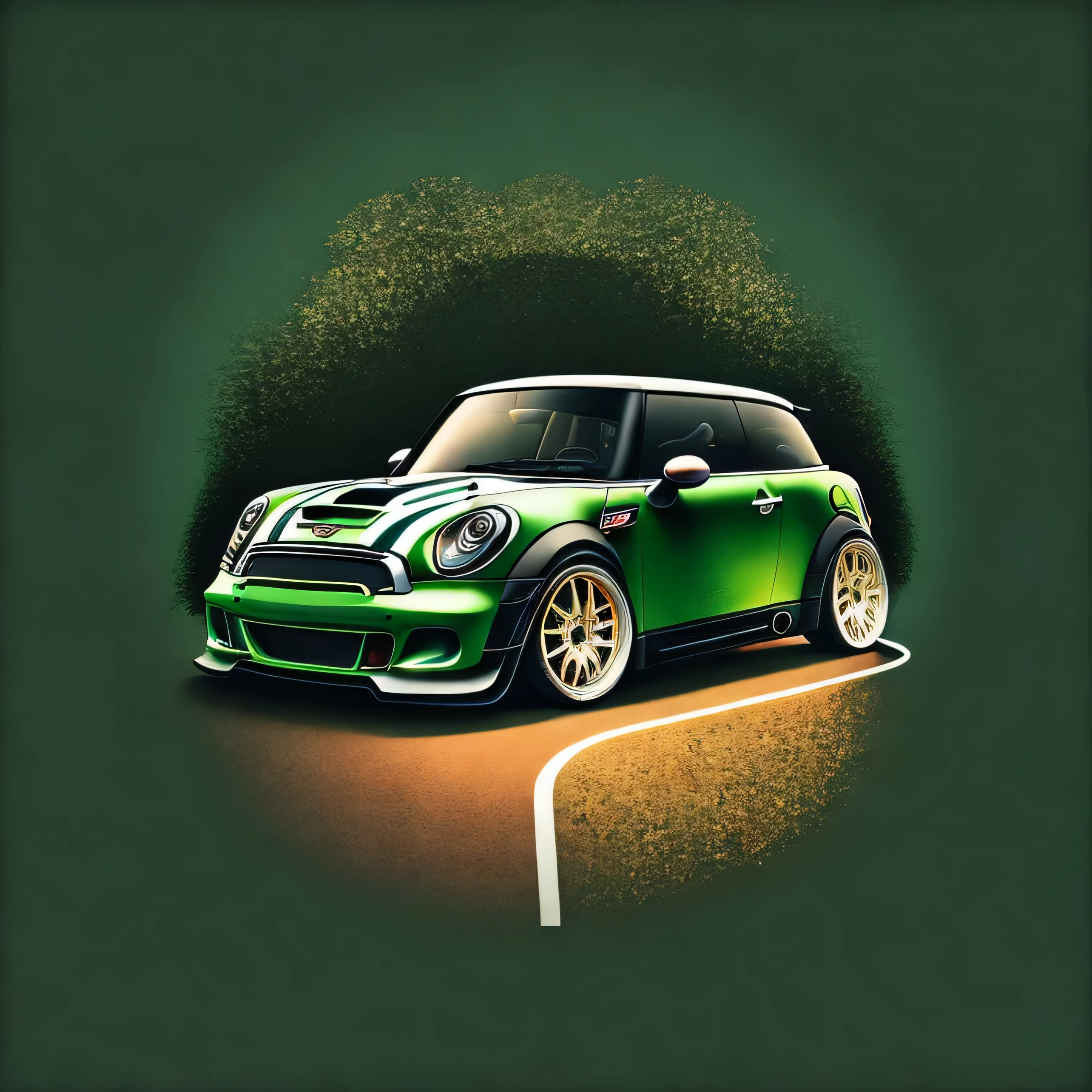 Artwork for t-shirt graphic design, a race track graphic design, Mini Cooper S R56, street, bold green color, background in vintage pastel tone, highly detailed clean, vector image, realistic masterpiece, professional photography, realistic car, car sunrise background, flat black background, isometric, vibrant vector