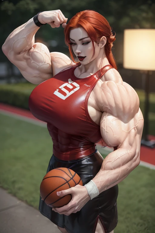 (((((Massive, tall, beautiful, pale white skinned, buff, muscular asian woman with red hair, black lipstick, ginormous bulky muscles, doing push-ups and wearing a leather red basketball Jersey dress))))), (close view), (massive muscle), massive biceps, hyper muscle shoulders, vascular shoulders, hyper muscle triceps, (long hair), yellow eyes, (wristbands), choker, sneakers, (in a outdoors park), confident smile, night, hyper vascular arm, hyper muscles arms, hyper muscle legs, massive arms.