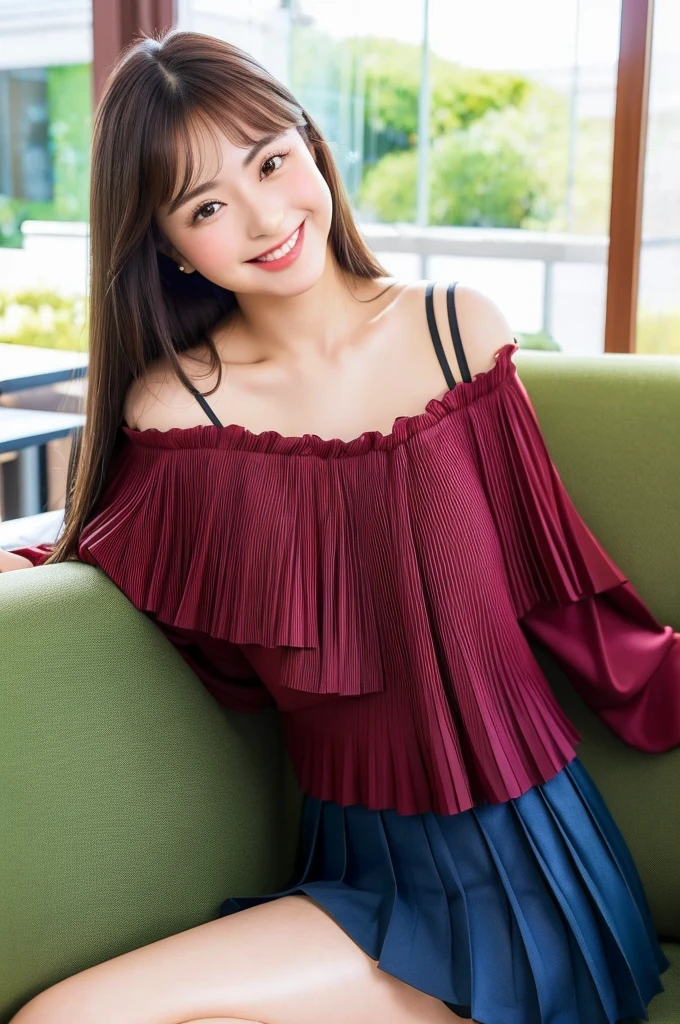 ,(tareme:1.4),kind eyes,huge breasts,thick thighs,(beautiful young japanese woman),straight hair,look at viewer,off-the -shoulder,blouse,pleated skirt,shiny skin,sitting on sofa at cafe,24 years old,tender smile,sexy laced undies,(spreading legs),no make-up,(holding up skirt with own hands)