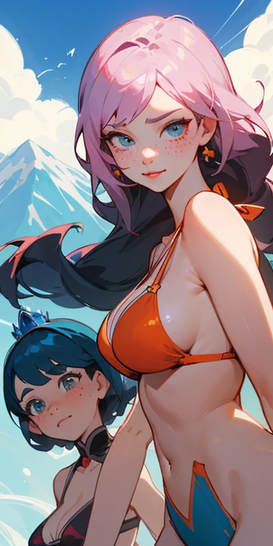 Beautiful portrait mode pose Cartoon character in dynamic pose two women together with freckles on their faces Disney princess Queen Anna of Arendelle with 1,60cm on the left and together with a symmetrical body and beautiful breasts, corpo bem definido, delicado e sensual, estilo de desenho animado, digital illustration Portrait mode a close up of two women Cartoon style digital illustration in bikinis in front of a mountain, artegerm e lois van baarle, artegerm e atey ghailan, modelo uniforme | artegerm, artegerm e Genzoman, artegerm comic, como visto em artegerm, artegerm e wlop, artegerm and rossdraws style digital illustration cartoon style