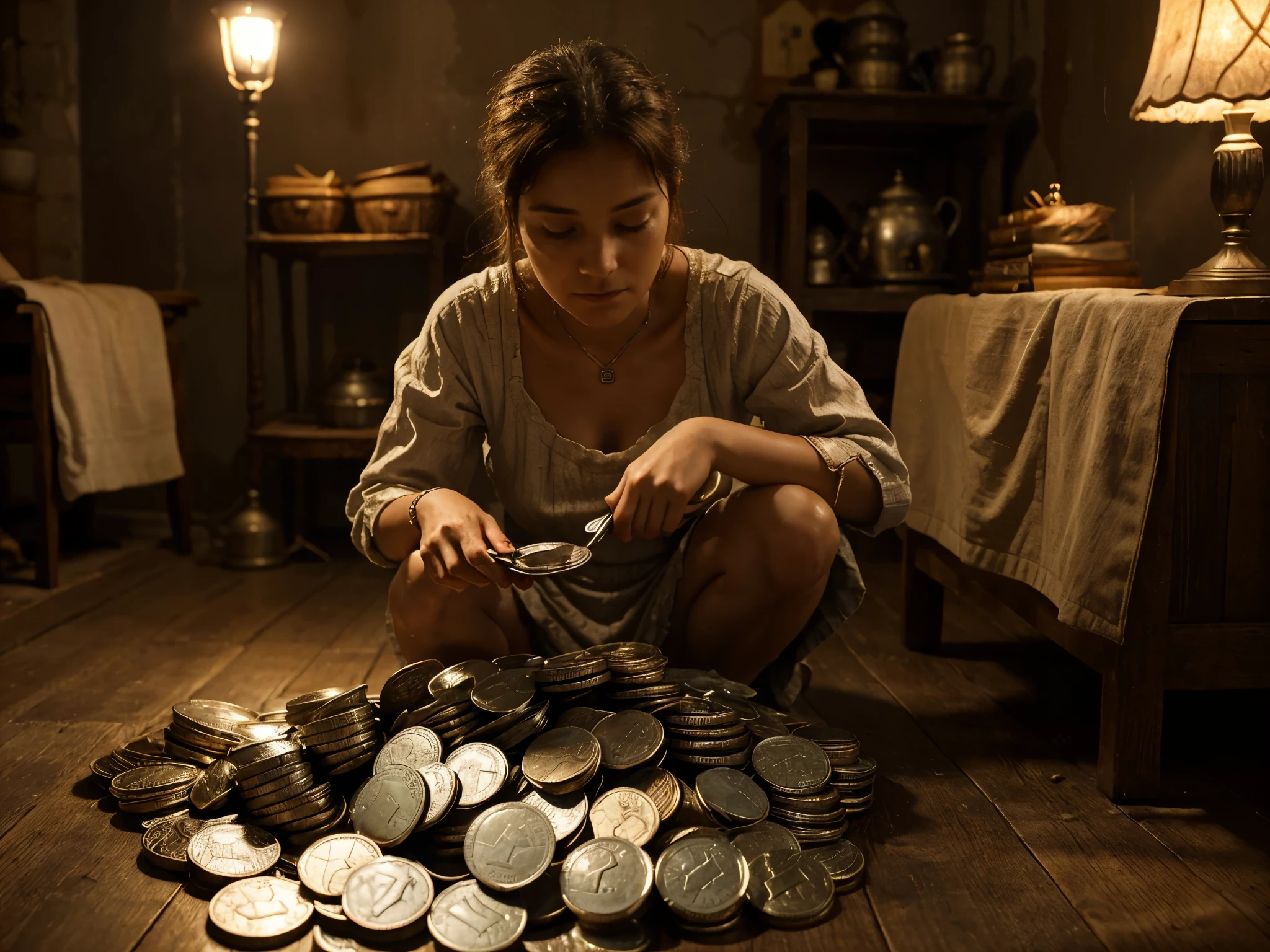 
Once, in a small village, there lived a woman who had ten silver coins. Each coin was precious to her, for they were all she had. One day, she realized that one of her coins was missing. Distressed, she lit a lamp and swept the house diligently, searching for the lost coin.
