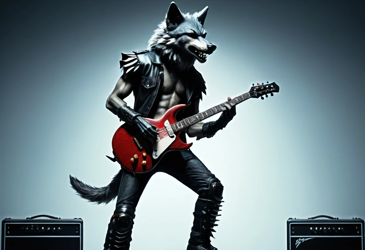 Dynamic shot, humanoid (anthropomorphic) wolf guitarist, humanoid wolf guitarist on stage playing guitar, humanoid wolf dressed as a rock musician, humanoid wolf at a rock concert, photorealistic, high quality, high detail, focus on the face of a humanoid wolf, full pose. full body, focus in the center of the frame