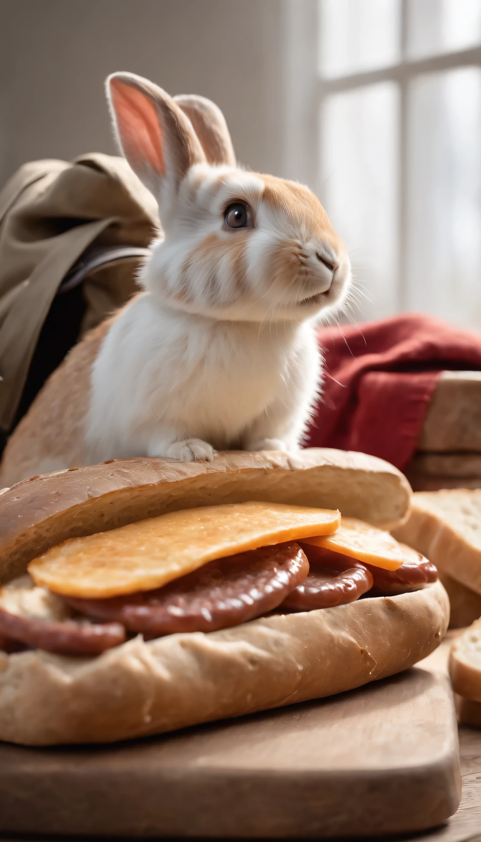 An enchanted slice of bread next to a backpack full of kabanos sausages , a surprised rabbit staring at a blanket hanging over a slice of bread