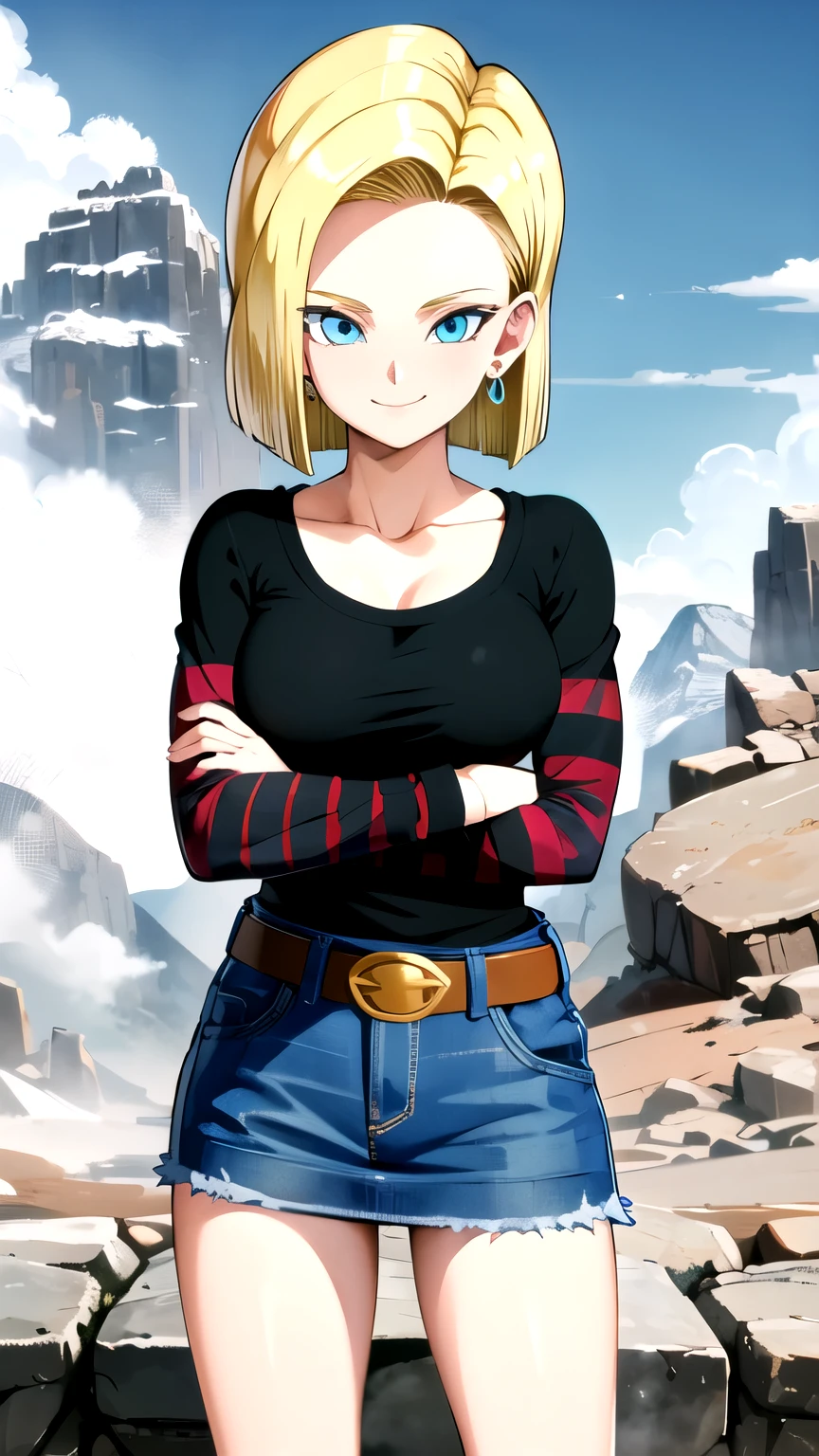 Android 18, 1girl, android 18, solo, blonde hair, blue eyes, short hair, mountain, crossed arms, belt, denim skirt, earrings, (long white sleeves:1.3), jewelry, looking at viewer, standing, shirt, blue skirt, collarbone, black shirt, denim, striped sleeves, breasts, smile