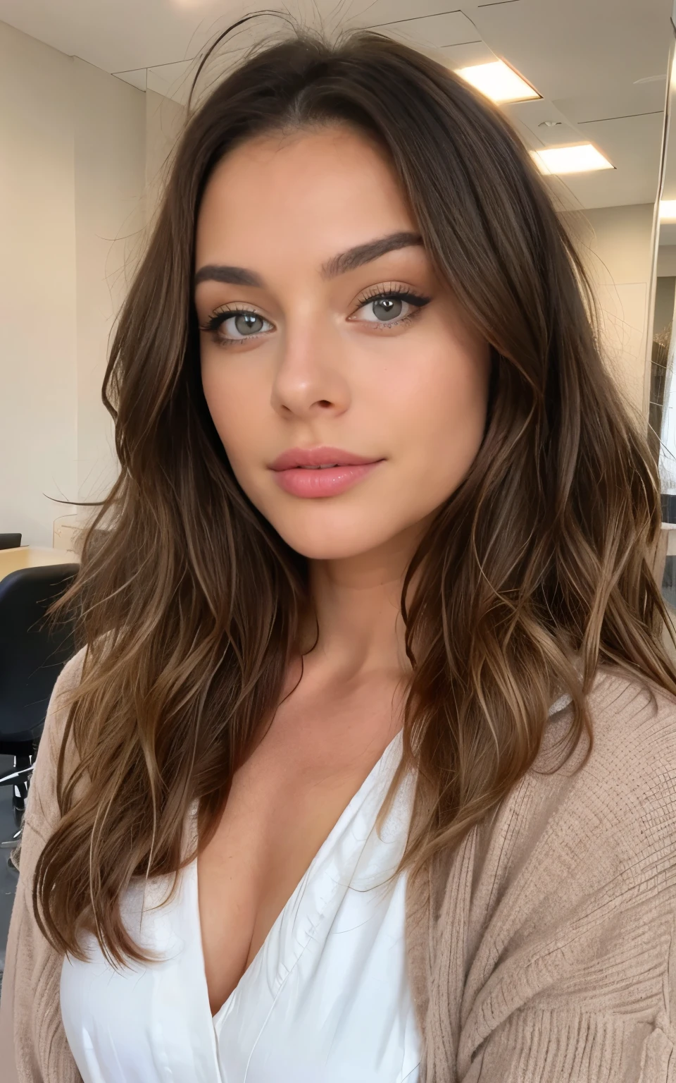 Belle brune portant un pull beige clair (soin des ongles dans un salon de beauté moderne), Very detailed, 21 ans, visage innocent, natural wavy hair, yeux bleus, High resolution, chef-d'artwork, best quality, intricate details, Very detailed, mise au point nette, detailed skin, texture de peau réaliste, texture, Detailed eyes, professionnel, 4k, sourire charmant, filmed on Canon, 85 millimeters, faible profondeur de champ, Couleur Kodak Vision, corps parfaitement ajusté, extremely detailed, photographier_\(ultra\), photorealistic, Realistic, Post-traitement, maximum details, roughness, vrai vie, ultra realistic, photorealism, photographie, 8k euh, photographie